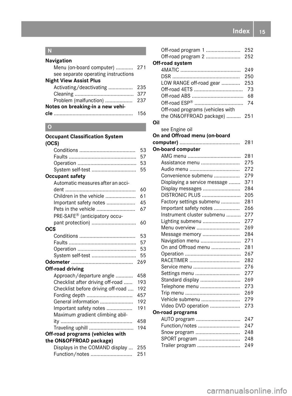 MERCEDES-BENZ M-Class 2015 W166 Owners Manual N
Navigation Menu (on-board computer) ............ 271
see separate operating instructions
Night View Assist Plus
Activating/deactivating ................. 235
Cleaning ...............................
