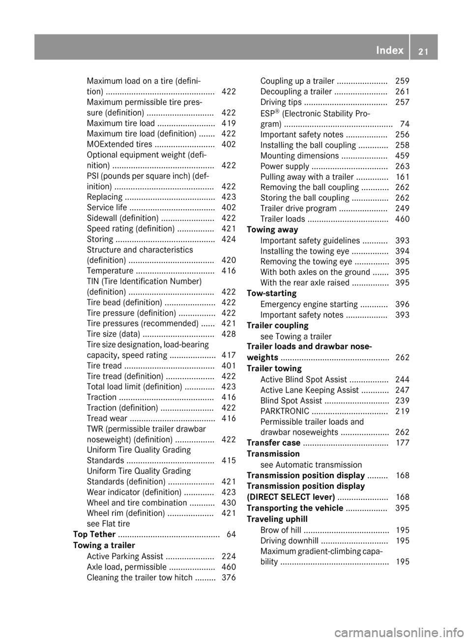 MERCEDES-BENZ M-Class 2015 W166 Owners Manual Maximum load on a tire (defini-
tion) ............................................... 422
Maximum permissible tire pres-
sure (definition) ............................. 422
Maximum tire load .........