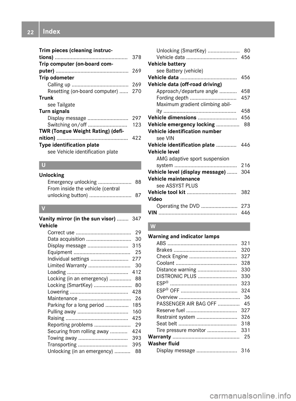 MERCEDES-BENZ M-Class 2015 W166 Owners Manual Trim pieces (cleaning instruc-
tions)
.................................................. 378
Trip computer (on-board com-
puter) .................................................. 269
Trip odometer Ca