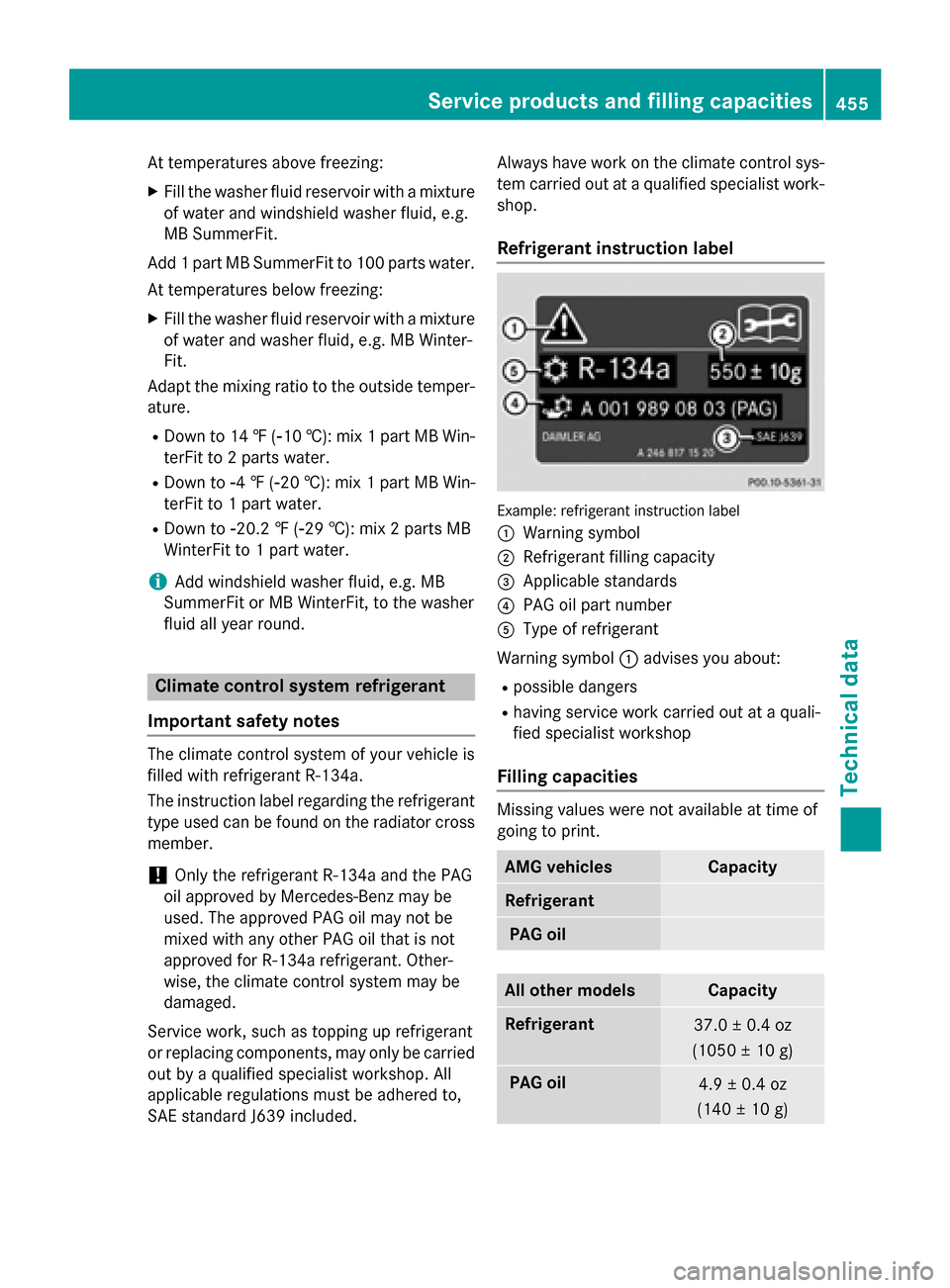 MERCEDES-BENZ M-Class 2015 W166 Owners Manual At temperatures above freezing:
X Fill the washer fluid reservoir with a mixture
of water and windshield washer fluid, e.g.
MB SummerFit.
Add 1 part MB SummerFit to 100 parts water.
At temperatures be