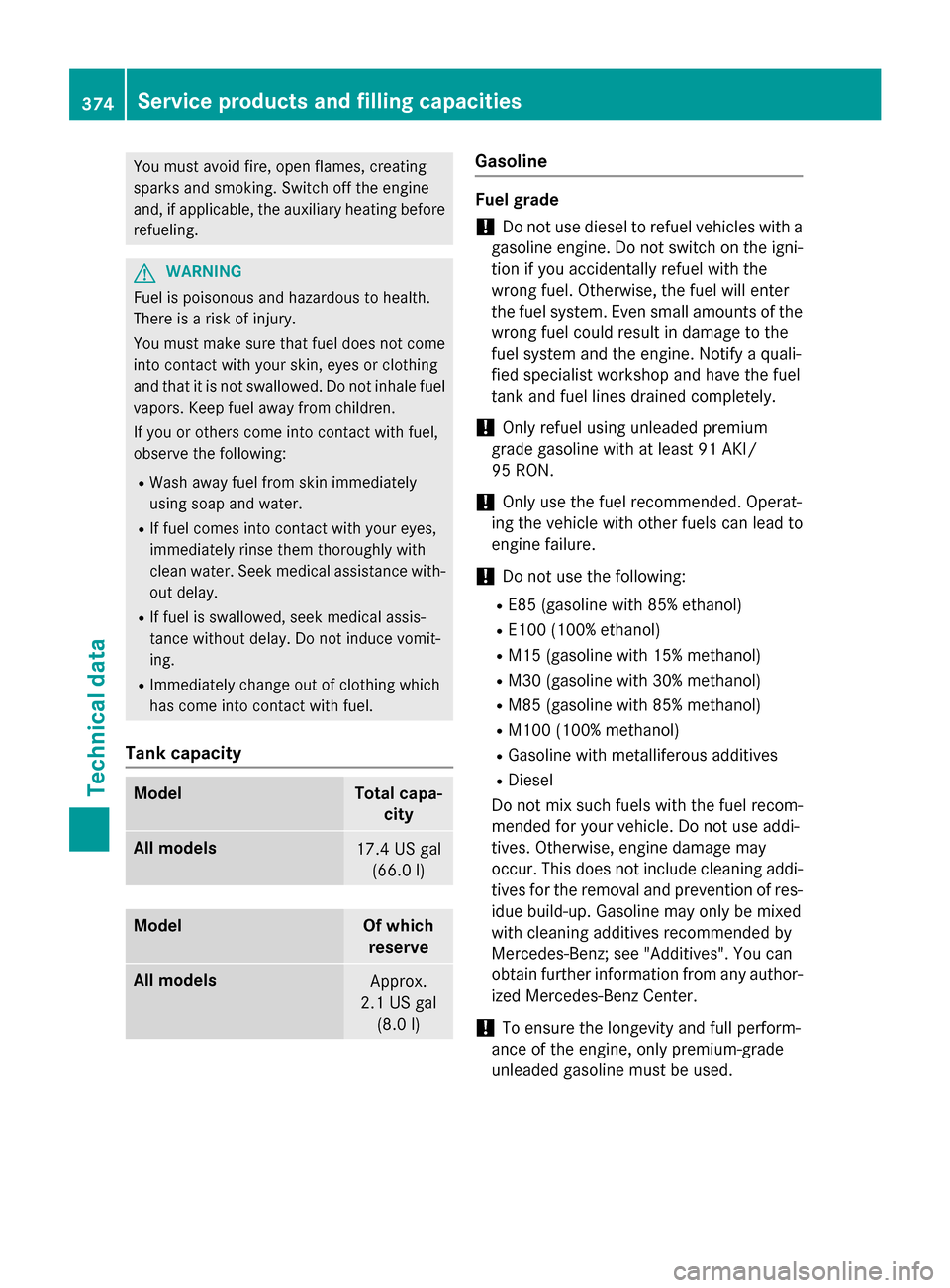 MERCEDES-BENZ GLK-Class 2015 X204 Owners Manual You must avoid fire, open flames, creating
sparks and smoking. Switch off the engine
and, if applicable, the auxiliary heating before refueling. G
WARNING
Fuel is poisonous and hazardous to health.
Th