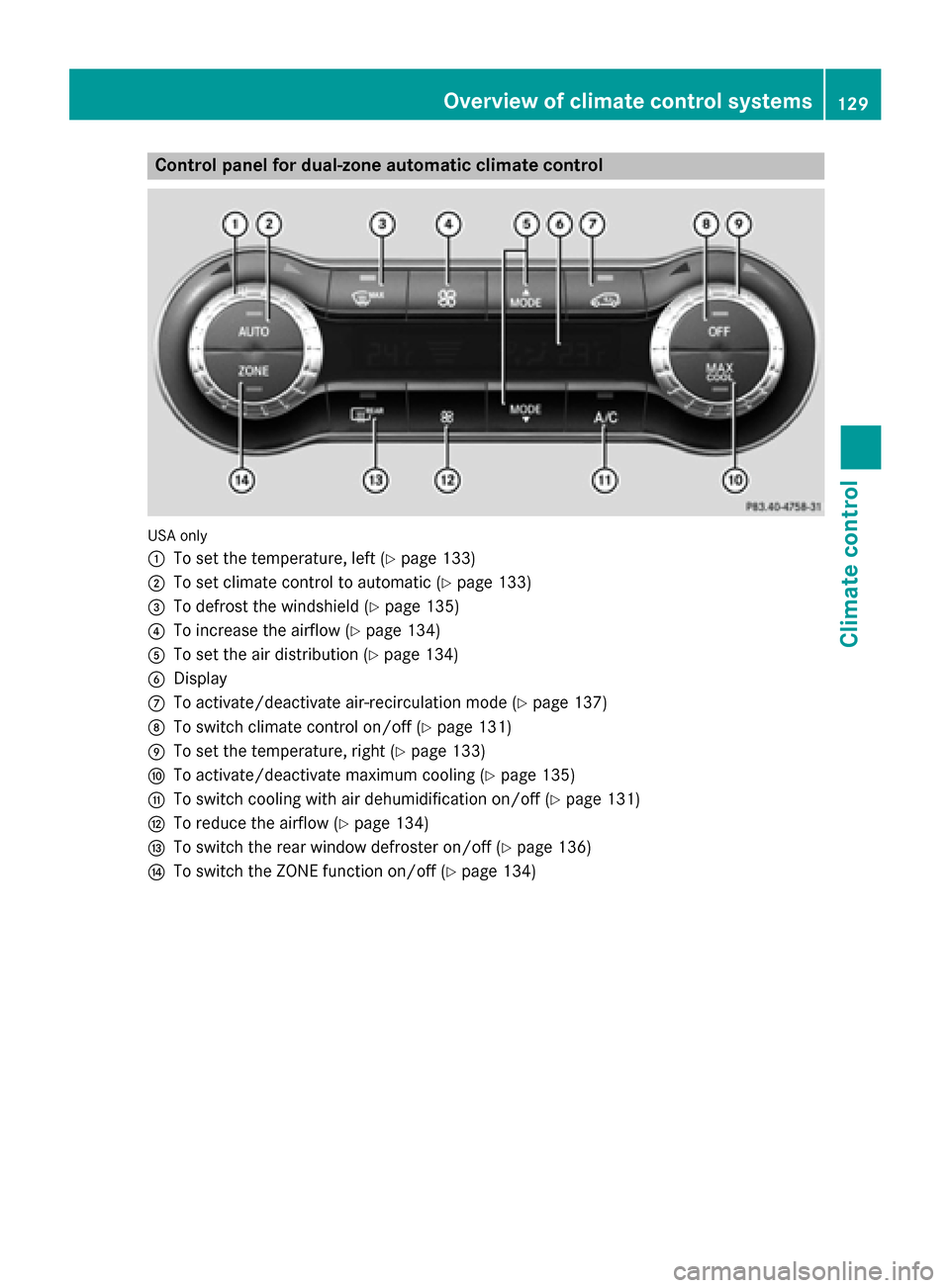 MERCEDES-BENZ GLA-Class 2015 X156 Owners Manual Control panel for dual-zone automatic climate control
USA only
0043
To set the temperature, left (Y page 133)
0044 To set climate control to automatic (Y page 133)
0087 To defrost the windshield (Y pa