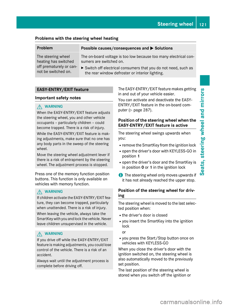 MERCEDES-BENZ GL-Class 2015 X166 Owners Manual Problems with the steering wheel heating
Problem
Possible causes/consequences and
0050
0050Solutions The steering wheel
heating has switched
off prematurely or can-
not be switched on. The on-board vo MERCEDES-BENZ GL-Class 2015 X166 Owners Manual Problems with the steering wheel heating
Problem
Possible causes/consequences and
0050
0050Solutions The steering wheel
heating has switched
off prematurely or can-
not be switched on. The on-board vo