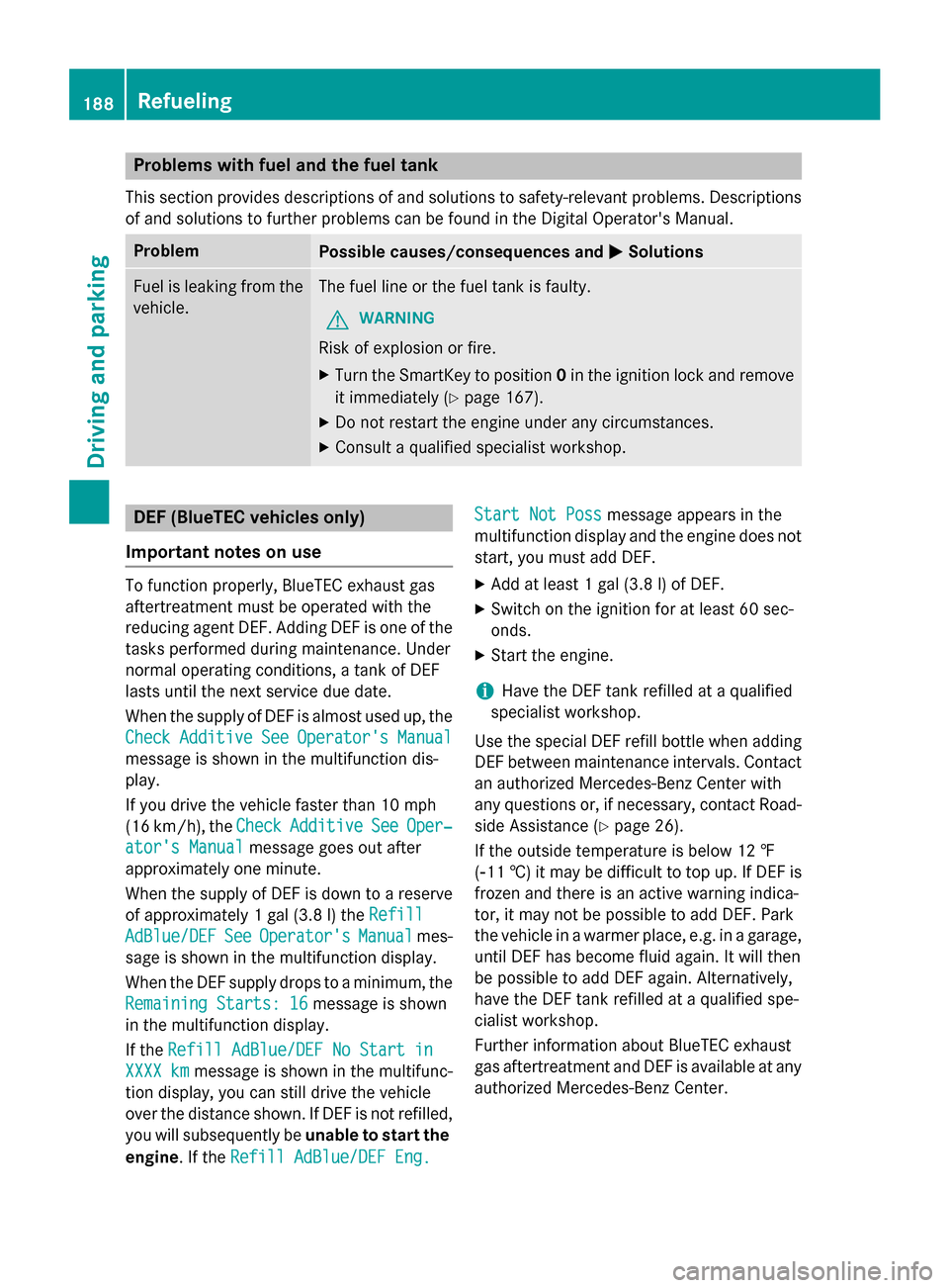 MERCEDES-BENZ GL-Class 2015 X166 Owners Manual Problems with fuel and the fuel tank
This section provides descriptions of and solutions to safety-relevant problems. Descriptions
of and solutions to further problems can be found in the Digital Oper