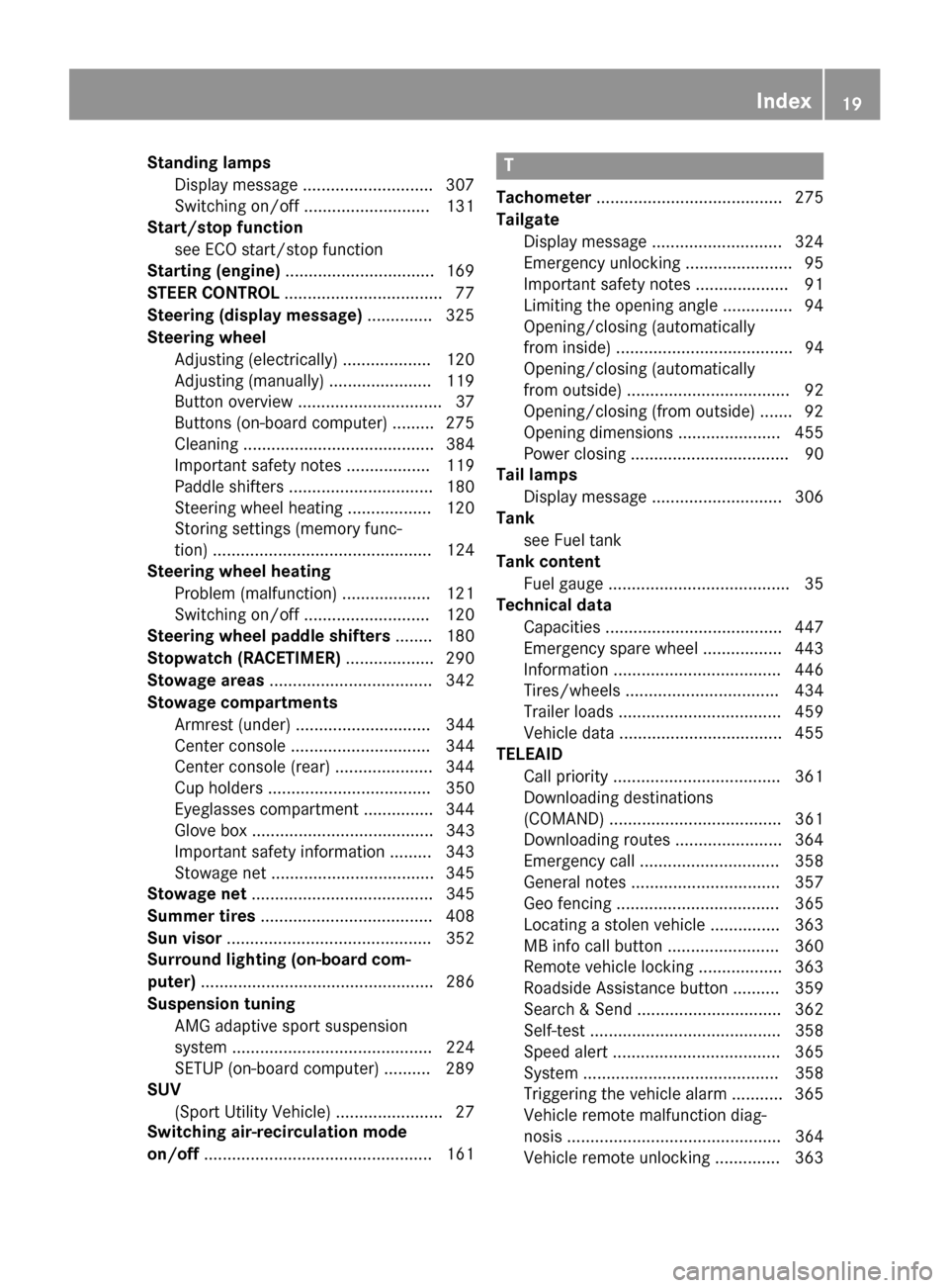 MERCEDES-BENZ GL-Class 2015 X166 Owners Manual Standing lamps
Display message ............................3 07
Switching on/off ........................... 131
Start/stop function
see ECO start/stop function
Starting (engine) .....................