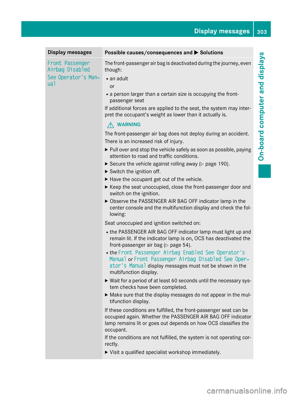 MERCEDES-BENZ GL-Class 2015 X166 Owners Manual Display messages
Possible causes/consequences and
0050
0050Solutions Front Passenger
Front Passenger
Airbag Disabled Airbag Disabled
See See
Operators
Operators Man‐
Man‐
ual
ual The front-passe MERCEDES-BENZ GL-Class 2015 X166 Owners Manual Display messages
Possible causes/consequences and
0050
0050Solutions Front Passenger
Front Passenger
Airbag Disabled Airbag Disabled
See See
Operators
Operators Man‐
Man‐
ual
ual The front-passe