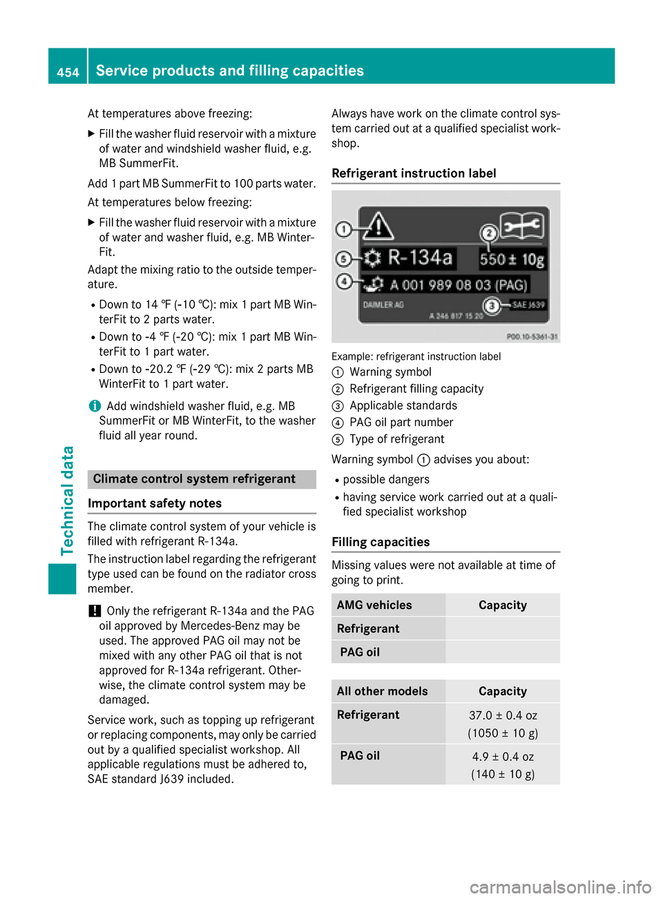 MERCEDES-BENZ GL-Class 2015 X166 Owners Manual At temperatures above freezing:
X Fill the washer fluid reservoir with a mixture
of water and windshield washer fluid, e.g.
MB SummerFit.
Add 1 part MB SummerFit to 100 parts water.
At temperatures be