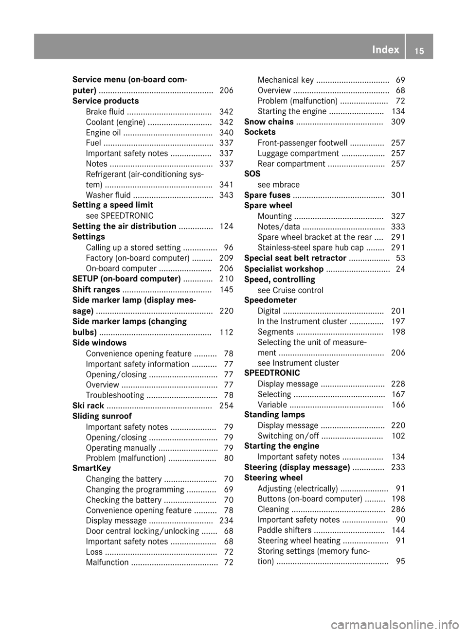 MERCEDES-BENZ G-Class 2015 W463 Owners Manual Service menu (on-board com-
puter)
.................................................. 206
Service products
Brake fluid .....................................3 42
Coolant (engine) ......................