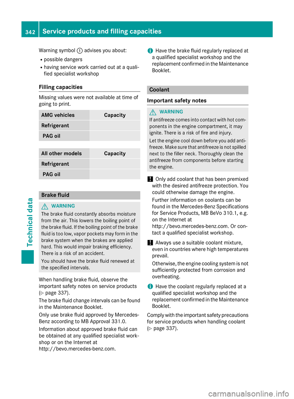 MERCEDES-BENZ G-Class 2015 W463 Owners Manual Warning symbol
:advises you about:
R possible dangers
R having service work carried out at a quali-
fied specialist workshop
Filling capacities Missing values were not available at time of
going to pr