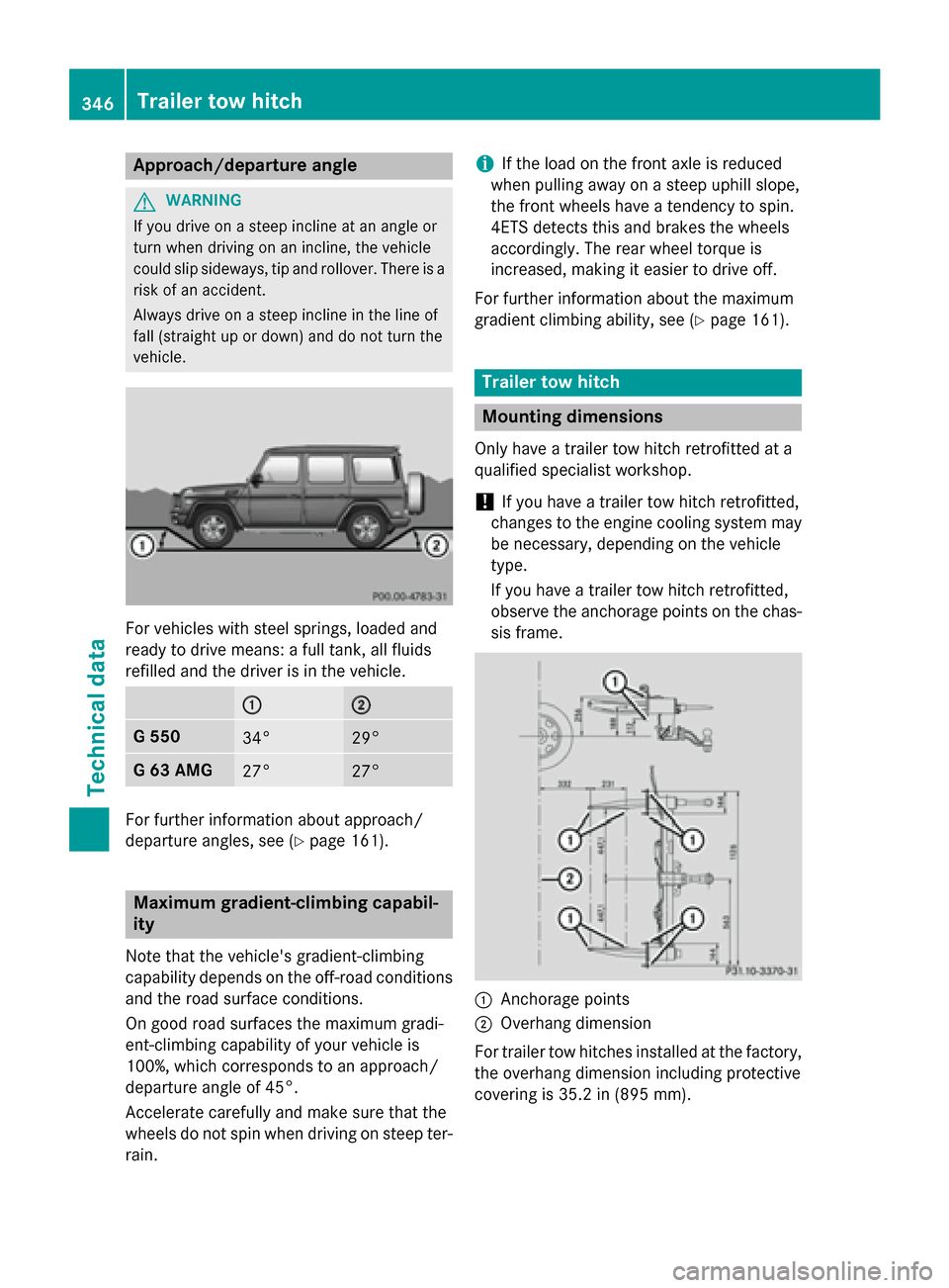 MERCEDES-BENZ G-Class 2015 W463 Owners Manual Approach/departure angle
G
WARNING
If you drive on a steep incline at an angle or
turn when driving on an incline, the vehicle
could slip sideways, tip and rollover. There is a risk of an accident.
Al