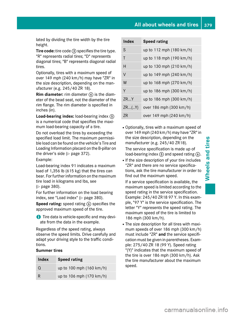 MERCEDES-BENZ E-Class SEDAN 2015 W212 Owners Manual lated by dividing the tire width by the tire
height.
Tire code: tire code0087specifies the tire type.
"R" represents radial tires; "D" represents
diagonal tires; "B" represents diagonal radial
tires.
MERCEDES-BENZ E-Class SEDAN 2015 W212 Owners Manual lated by dividing the tire width by the tire
height.
Tire code: tire code0087specifies the tire type.
"R" represents radial tires; "D" represents
diagonal tires; "B" represents diagonal radial
tires.