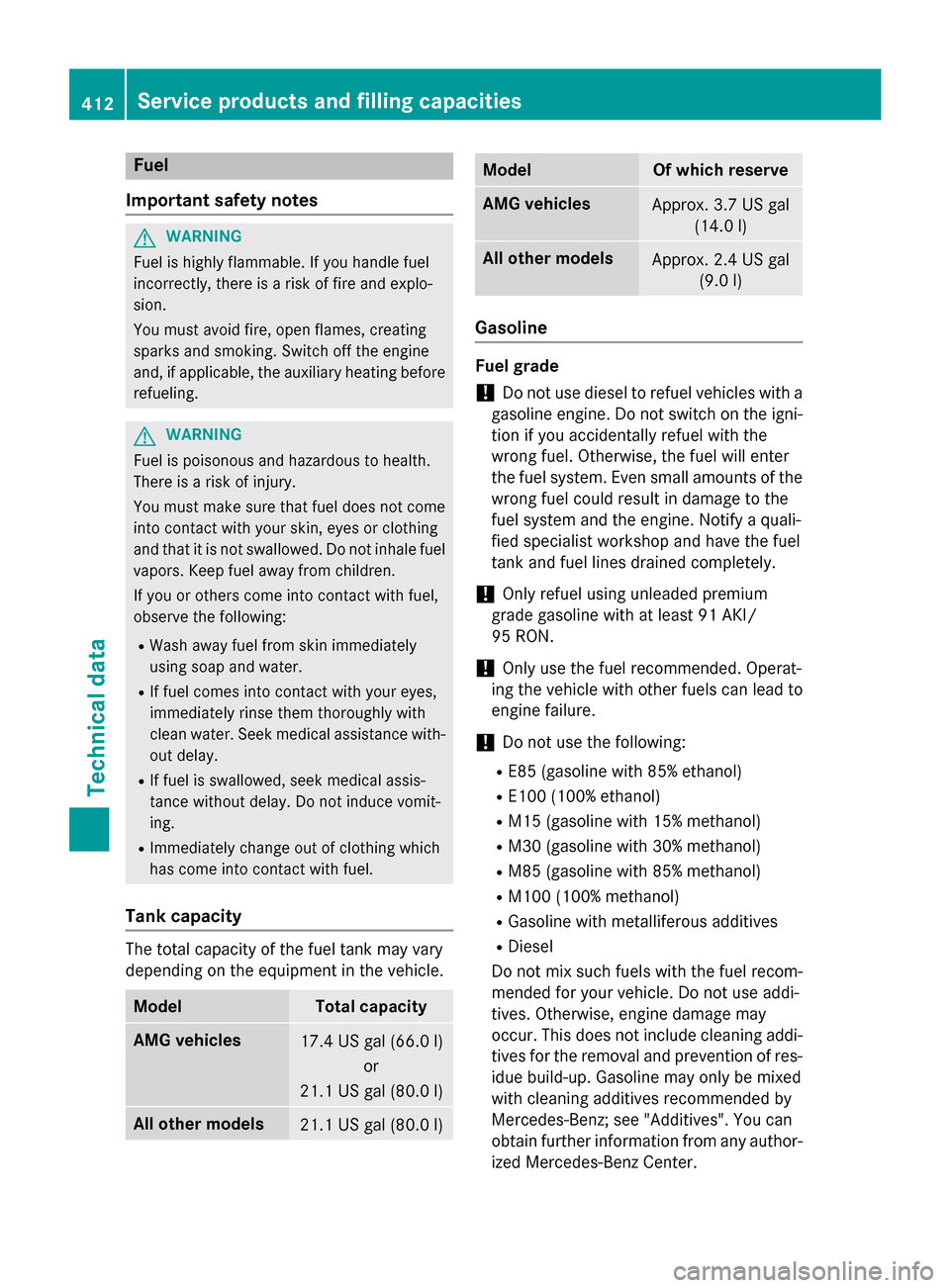 MERCEDES-BENZ E-Class SEDAN 2015 W212 Owners Manual Fuel
Important safety notes G
WARNING
Fuel is highly flammable. If you handle fuel
incorrectly, there is a risk of fire and explo-
sion.
You must avoid fire, open flames, creating
sparks and smoking. MERCEDES-BENZ E-Class SEDAN 2015 W212 Owners Manual Fuel
Important safety notes G
WARNING
Fuel is highly flammable. If you handle fuel
incorrectly, there is a risk of fire and explo-
sion.
You must avoid fire, open flames, creating
sparks and smoking.