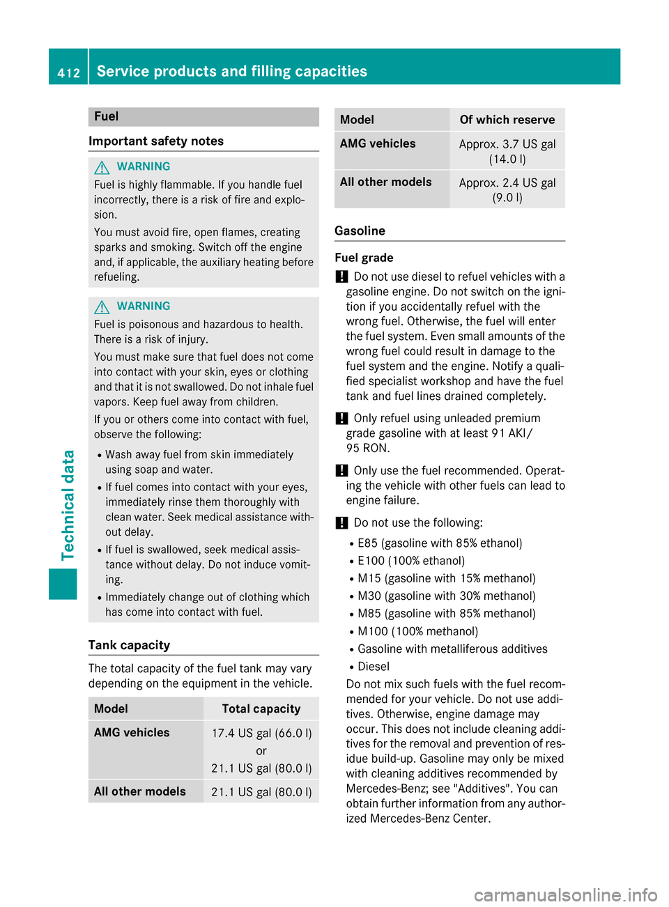 MERCEDES-BENZ E-Class SEDAN 2015 W212 Owners Manual Fuel
Important safety notes G
WARNING
Fuel is highly flammable. If you handle fuel
incorrectly, there is a risk of fire and explo-
sion.
You must avoid fire, open flames, creating
sparks and smoking. 