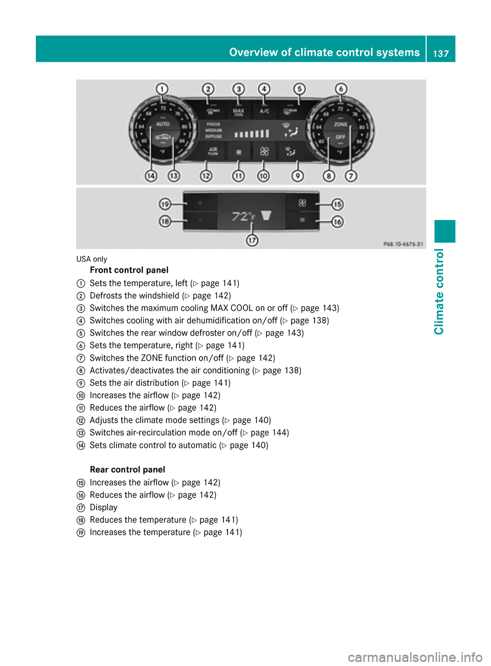 MERCEDES-BENZ CLS-Class 2015 W218 Owners Manual USA only
Front control panel
: Sets the temperature, left (Y page 141)
; Defrosts the windshield (Y page 142)
= Switches the maximum cooling MAX COOL on or off (Y page 143)
? Switches cooling with air MERCEDES-BENZ CLS-Class 2015 W218 Owners Manual USA only
Front control panel
: Sets the temperature, left (Y page 141)
; Defrosts the windshield (Y page 142)
= Switches the maximum cooling MAX COOL on or off (Y page 143)
? Switches cooling with air