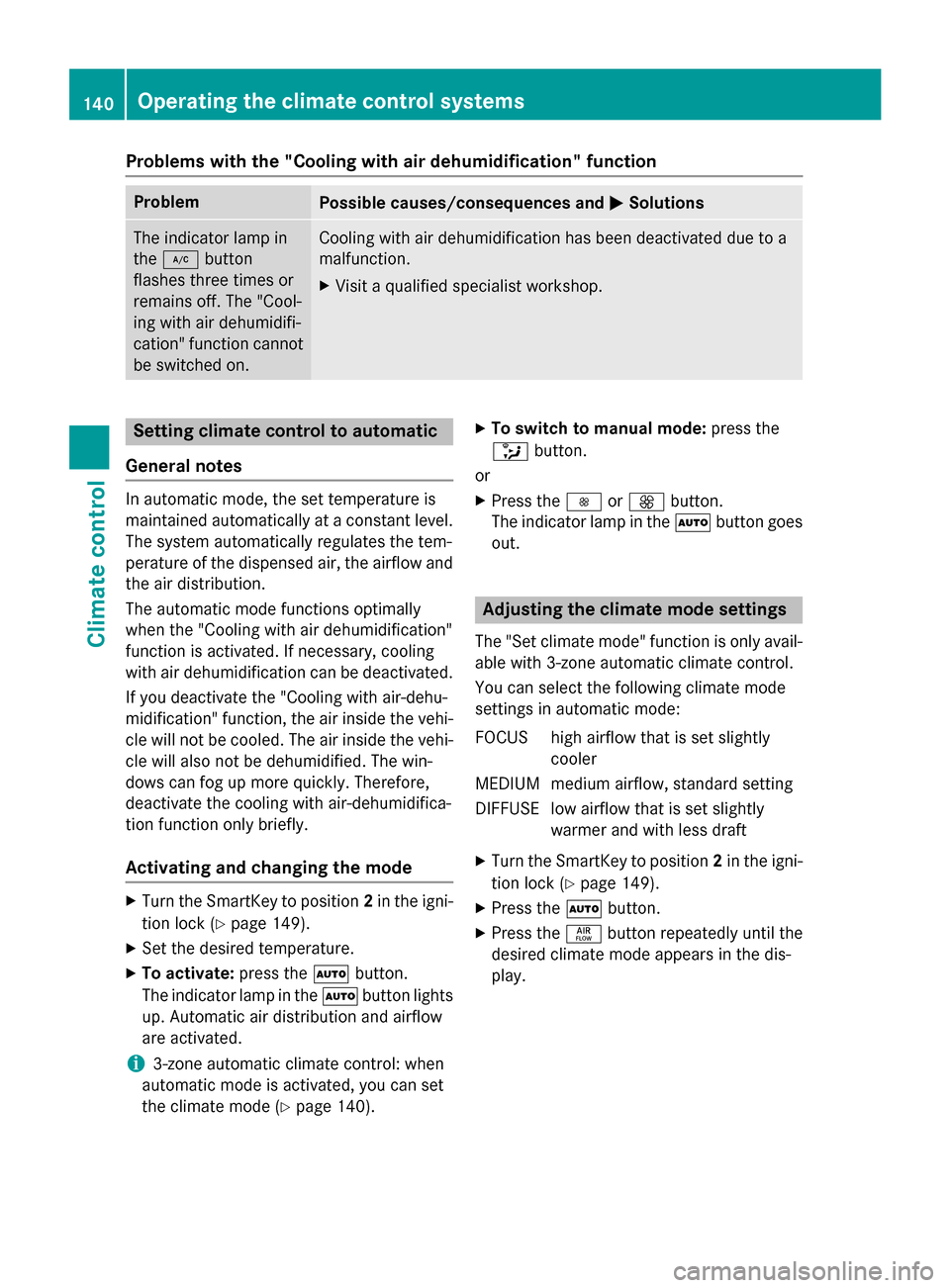 MERCEDES-BENZ CLS-Class 2015 W218 Owners Manual Problems with the "Cooling with air dehumidification" function
Problem
Possible causes/consequences and
M
MSolutions The indicator lamp in
the
¿ button
flashes three times or
remains off. The "Cool-
MERCEDES-BENZ CLS-Class 2015 W218 Owners Manual Problems with the "Cooling with air dehumidification" function
Problem
Possible causes/consequences and
M
MSolutions The indicator lamp in
the
¿ button
flashes three times or
remains off. The "Cool-