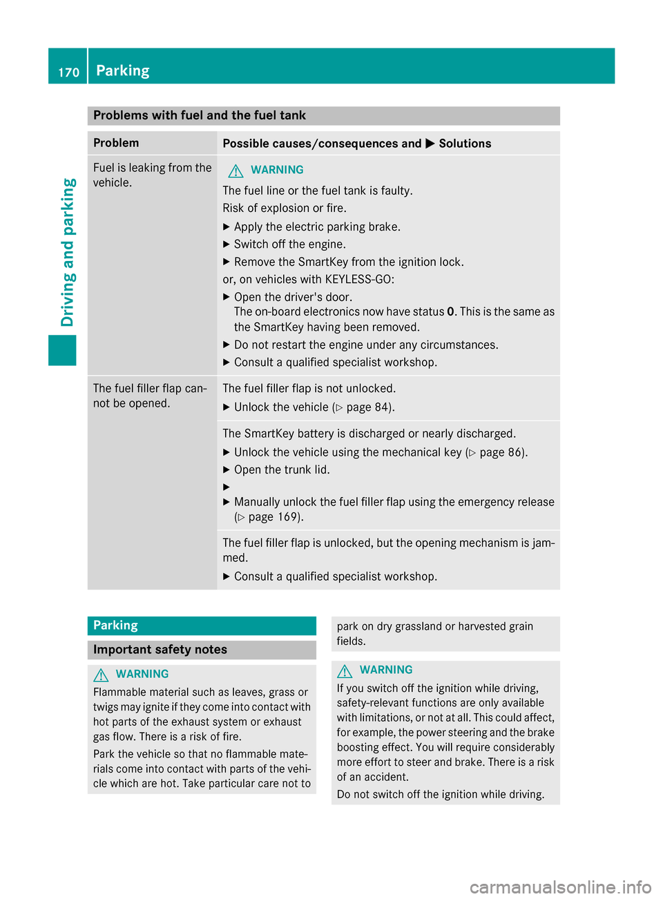 MERCEDES-BENZ CLS-Class 2015 W218 Owners Manual Problems with fuel and the fuel tank
Problem
Possible causes/consequences and
M
MSolutions Fuel is leaking from the
vehicle. G
WARNING
The fuel line or the fuel tank is faulty.
Risk of explosion or fi MERCEDES-BENZ CLS-Class 2015 W218 Owners Manual Problems with fuel and the fuel tank
Problem
Possible causes/consequences and
M
MSolutions Fuel is leaking from the
vehicle. G
WARNING
The fuel line or the fuel tank is faulty.
Risk of explosion or fi