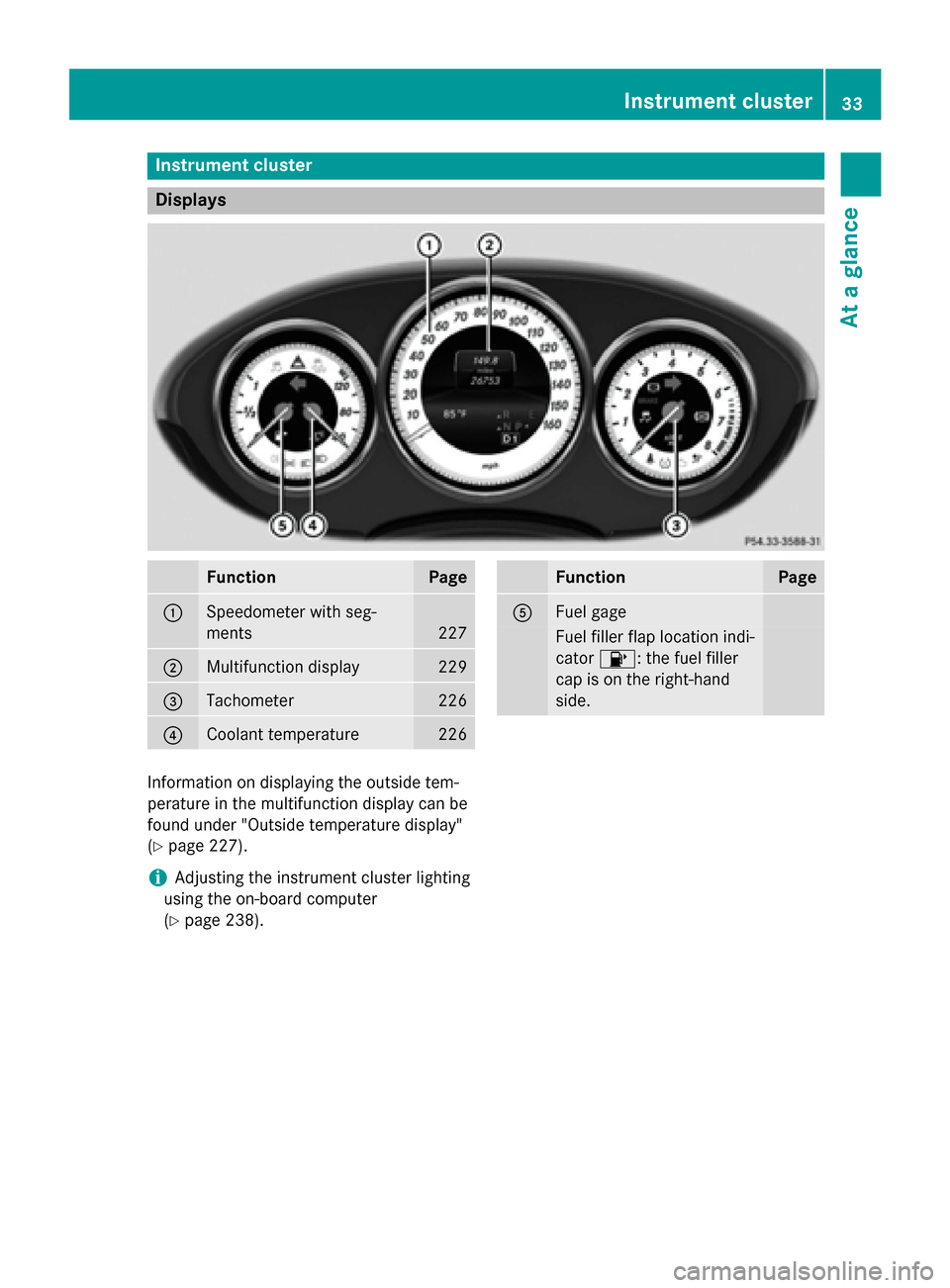 MERCEDES-BENZ CLS-Class 2015 W218 Owners Manual Instrument cluster
Displays
Function Page
:
Speedometer with seg-
ments
227
;
Multifunction display 229
=
Tachometer 226
?
Coolant temperature 226 Function Page
A
Fuel gage
Fuel filler flap location i