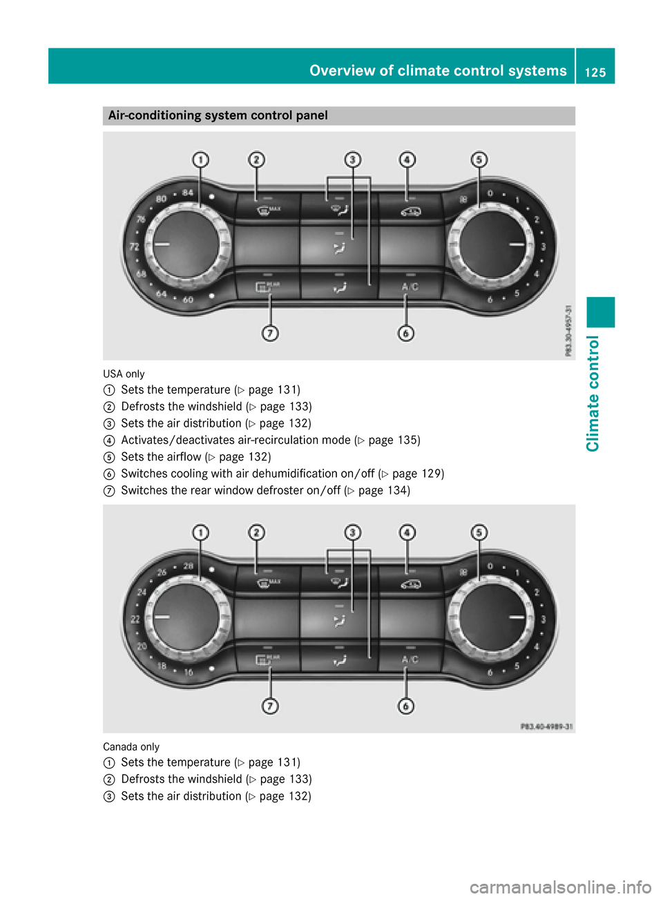 MERCEDES-BENZ CLA-Class 2015 C117 Owners Manual Air-conditioning system control panel
USA only
:
Sets the temperature (Y page 131)
; Defrosts the windshield (Y page 133)
= Sets the air distribution (Y page 132)
? Activates/deactivates air-recircula MERCEDES-BENZ CLA-Class 2015 C117 Owners Manual Air-conditioning system control panel
USA only
:
Sets the temperature (Y page 131)
; Defrosts the windshield (Y page 133)
= Sets the air distribution (Y page 132)
? Activates/deactivates air-recircula