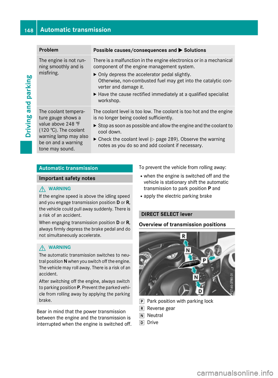 MERCEDES-BENZ CLA-Class 2015 C117 Owners Guide Problem
Possible causes/consequences and
M
MSolutions The engine is not run-
ning smoothly and is
misfiring. There is a malfunction in the engine electronics or in a mechanical
component of the engine MERCEDES-BENZ CLA-Class 2015 C117 Owners Guide Problem
Possible causes/consequences and
M
MSolutions The engine is not run-
ning smoothly and is
misfiring. There is a malfunction in the engine electronics or in a mechanical
component of the engine