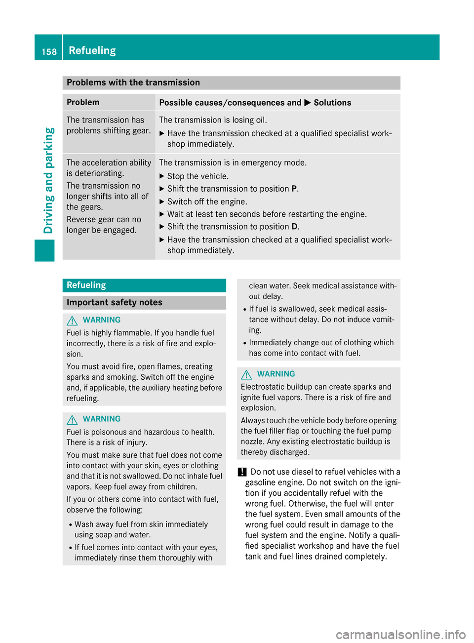 MERCEDES-BENZ CLA-Class 2015 C117 Owners Guide Problems with the transmission
Problem
Possible causes/consequences and
M
MSolutions The transmission has
problems shifting gear. The transmission is losing oil.
X Have the transmission checked at a q MERCEDES-BENZ CLA-Class 2015 C117 Owners Guide Problems with the transmission
Problem
Possible causes/consequences and
M
MSolutions The transmission has
problems shifting gear. The transmission is losing oil.
X Have the transmission checked at a q