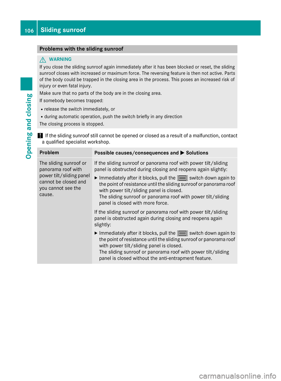 MERCEDES-BENZ C-Class SEDAN 2015 W205 Owners Manual Problems with the sliding sunroof
G
WARNING
If you close the sliding sunroof again immediately after it has been blocked or reset, the sliding
sunroof closes with increased or maximum force. The rever