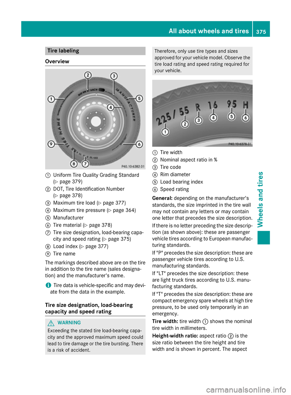 MERCEDES-BENZ C-Class SEDAN 2015 W205 Owners Manual Tire labeling
Overview 0043
Uniform Tire Quality Grading Standard
(Ypage 379)
0044 DOT, Tire Identification Number
(Ypage 378)
0087 Maximum tire load (Y page 377)
0085 Maximum tire pressure (Y page 36