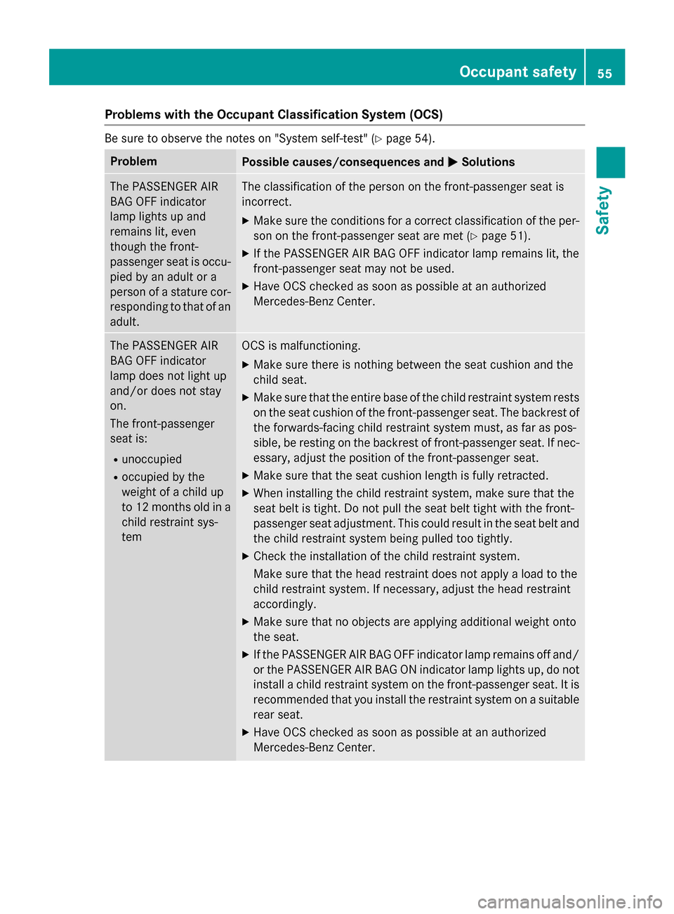 MERCEDES-BENZ C-Class SEDAN 2015 W205 Owners Manual Problems with the Occupant Classification System (OCS)
Be sure to observe the notes on "System self-test" (Y
page 54).Problem
Possible causes/consequences and
0050
0050Solutions The PASSENGER AIR
BAG 