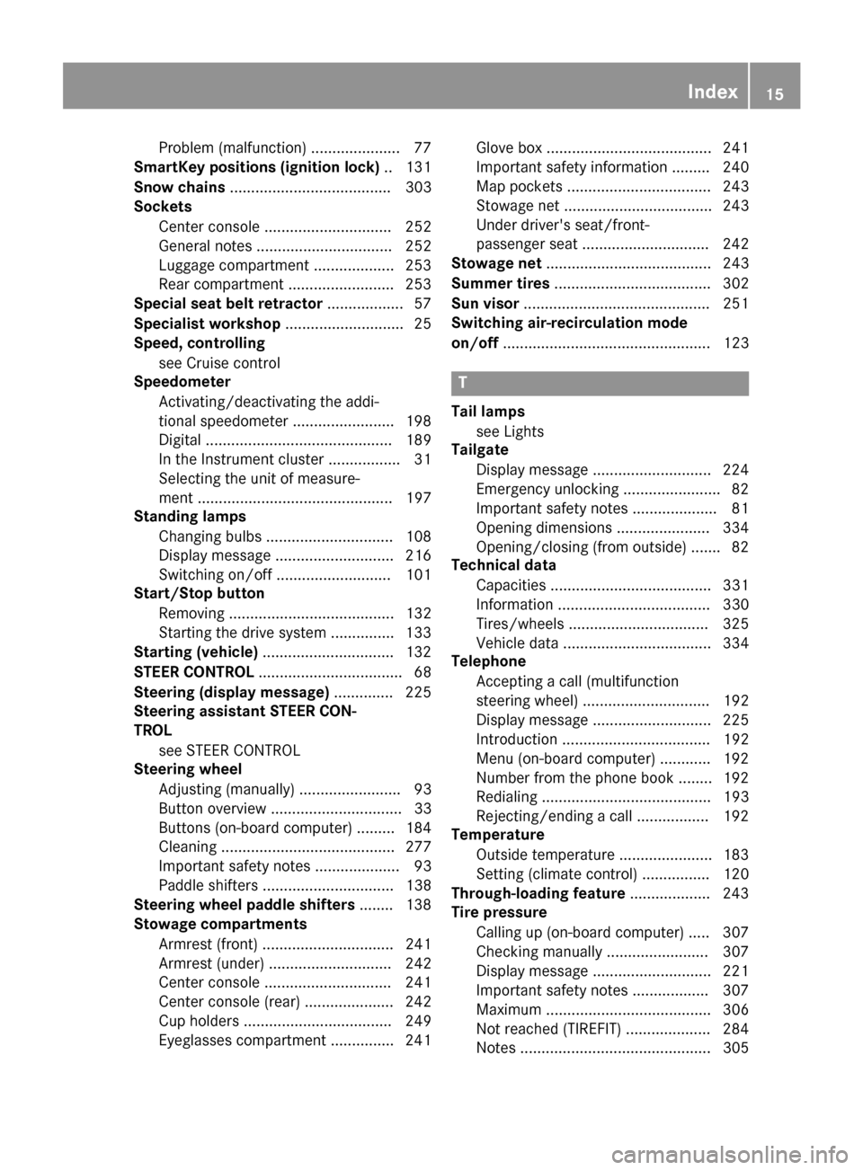 MERCEDES-BENZ B-Class ELECTRIC 2015 W246 Owners Manual Problem (malfunction) ..................... 77
SmartKey positions (ignition lock) .. 131
Snow chains ...................................... 303
Sockets
Center console .............................. 25