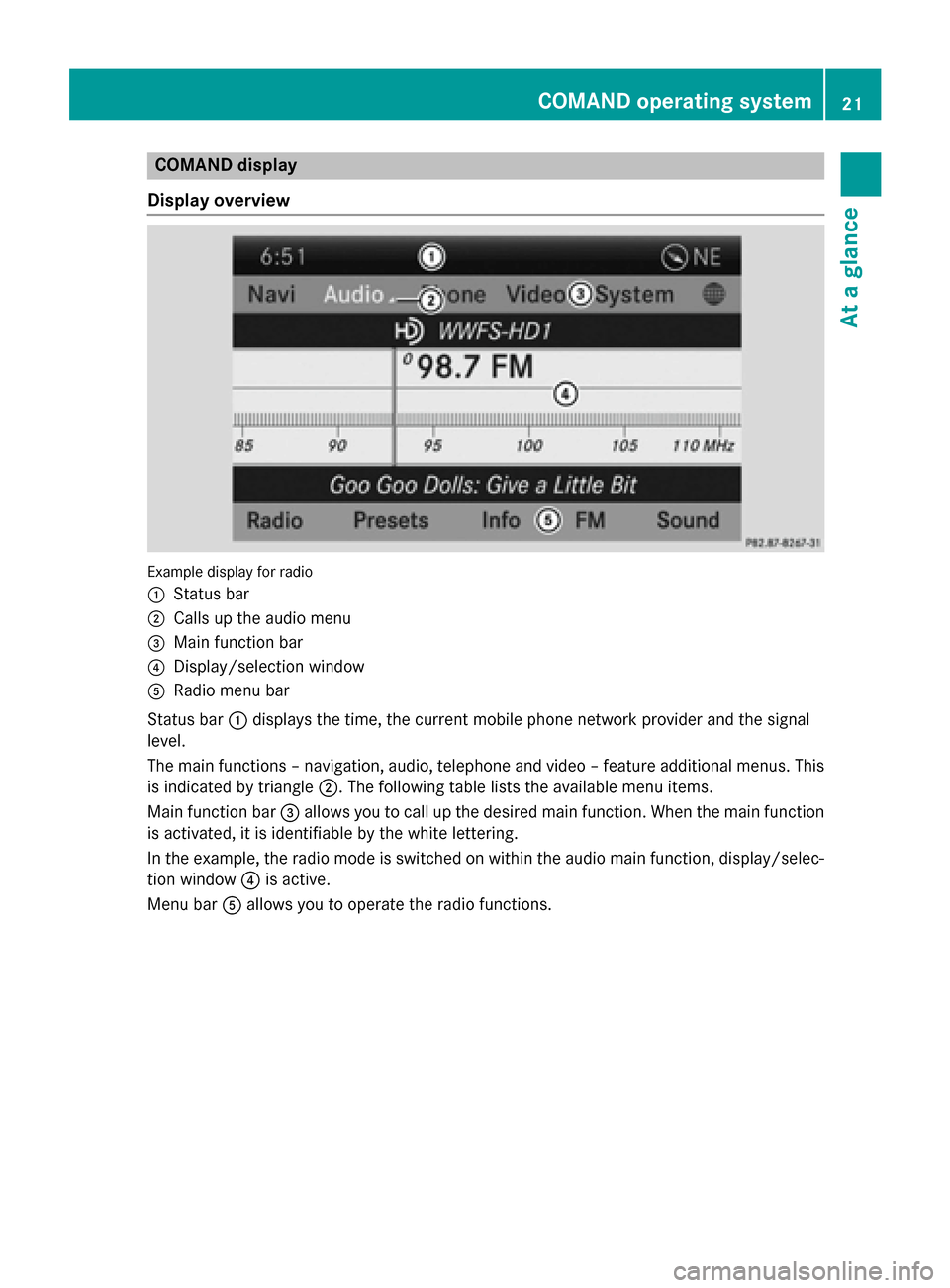 MERCEDES-BENZ B-Class 2015 W246 Comand Manual COMAND display
Display overview Example display for radio
0043 Status bar
0044 Calls up the audio menu
0087 Main function bar
0085 Display/selection window
0083 Radio menu bar
Status bar 0043displays MERCEDES-BENZ B-Class 2015 W246 Comand Manual COMAND display
Display overview Example display for radio
0043 Status bar
0044 Calls up the audio menu
0087 Main function bar
0085 Display/selection window
0083 Radio menu bar
Status bar 0043displays