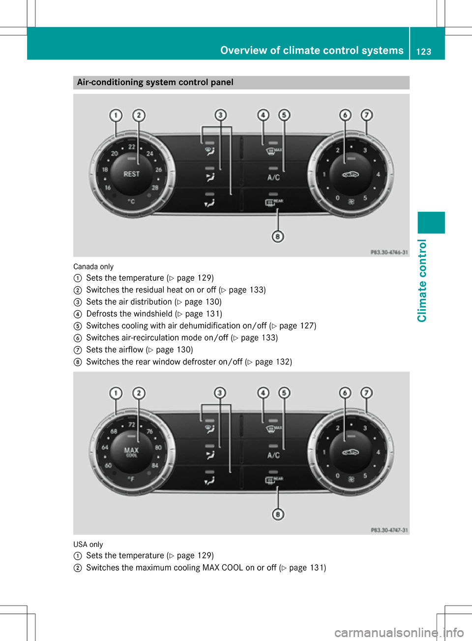 MERCEDES-BENZ SLK-Class 2016 R172 Owners Manual Air-conditioning system controlpanel
Canada only
:
Sets thetemperature (Ypage 129)
;Switches theresidual heat on or off (Ypage 133)
=Sets theair distribution (Ypage 130)
?Defroststh ewindshield (Ypage MERCEDES-BENZ SLK-Class 2016 R172 Owners Manual Air-conditioning system controlpanel
Canada only
:
Sets thetemperature (Ypage 129)
;Switches theresidual heat on or off (Ypage 133)
=Sets theair distribution (Ypage 130)
?Defroststh ewindshield (Ypage