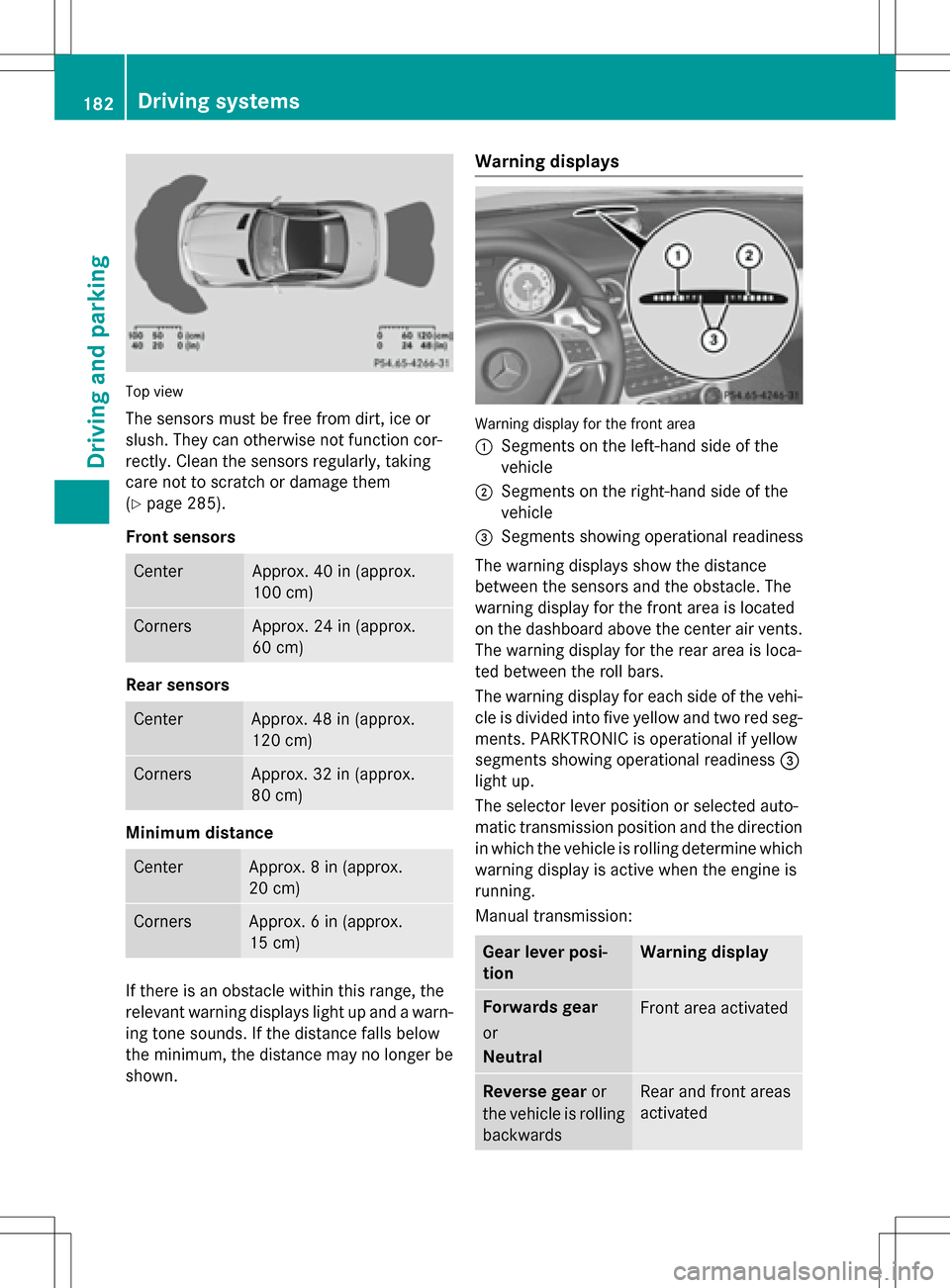 MERCEDES-BENZ SLK-Class 2016 R172 Owners Manual Top view
The sensors must be free from dirt, ice or
slush. They can otherwise not function cor-
rectly. Clean the sensors regularly, taking
care not to scratch or damage them
(
Ypage 285).
Front senso MERCEDES-BENZ SLK-Class 2016 R172 Owners Manual Top view
The sensors must be free from dirt, ice or
slush. They can otherwise not function cor-
rectly. Clean the sensors regularly, taking
care not to scratch or damage them
(
Ypage 285).
Front senso