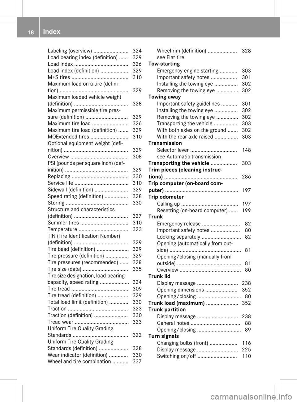 MERCEDES-BENZ SLK-Class 2016 R172 User Guide Labeling (overview) ........................ 324
Load bearing index (definition) ...... 329
Load index .....................................326
Load index (definition) ................... 329
M+S tire