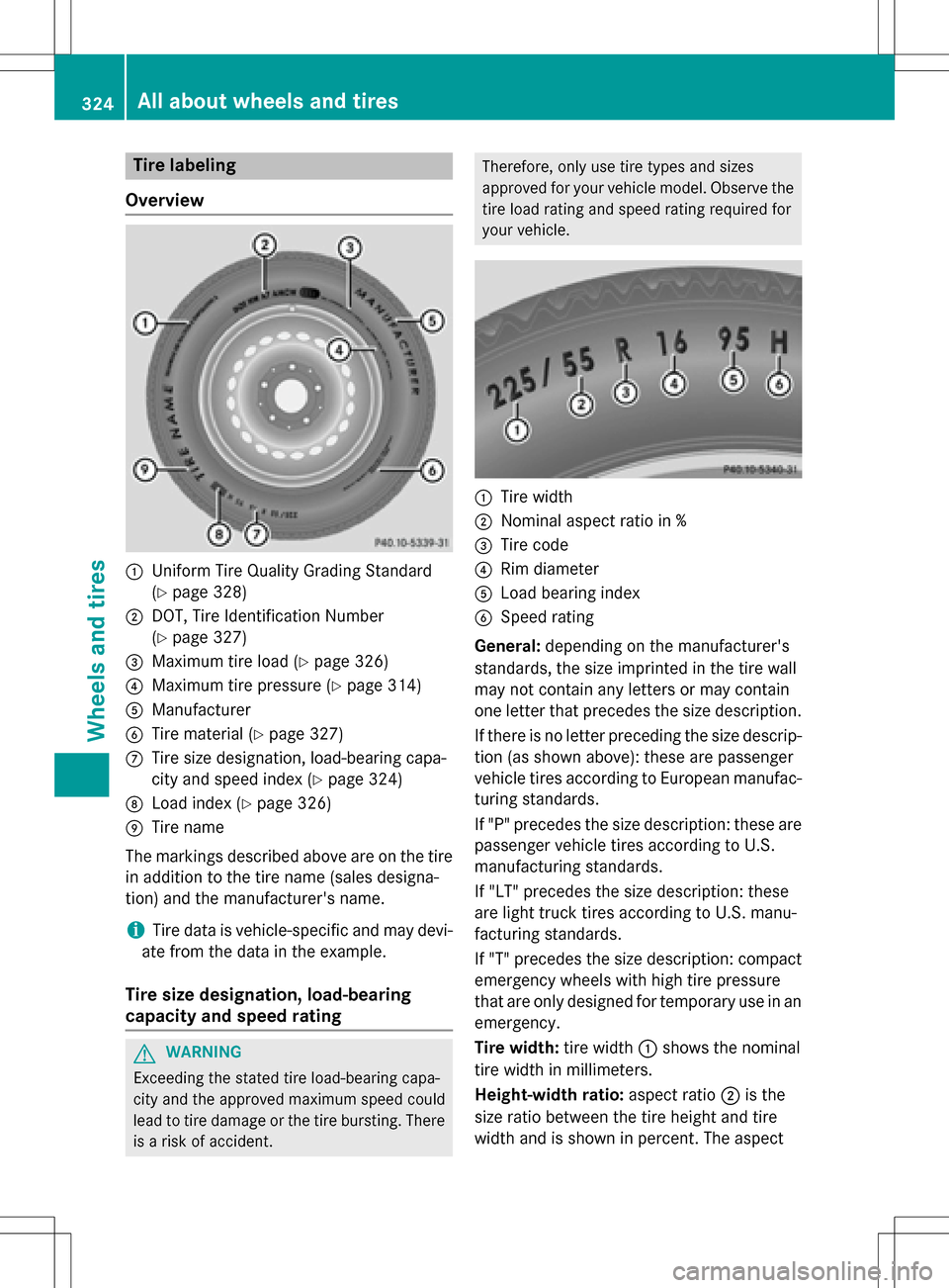 MERCEDES-BENZ SLK-Class 2016 R172 Owners Manual Tire labeling
Overview
:Uniform Tire Quality Grading Standard
(
Ypage 328)
;DOT, Tire Identification Number
(
Ypage 327)
=Maximum tire load (Ypage 326)
?Maximum tire pressure (Ypage 314)
AManufacturer