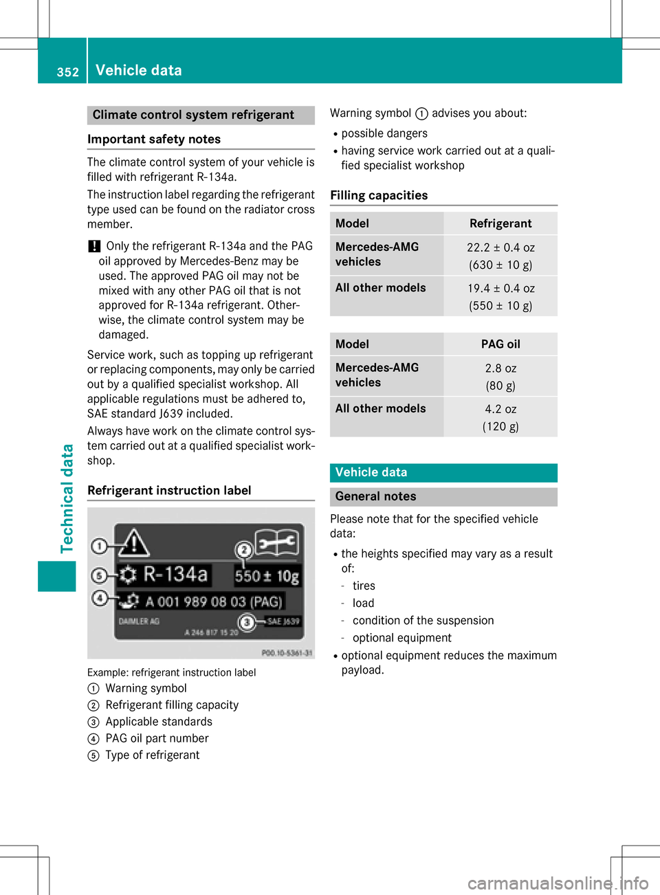 MERCEDES-BENZ SLK-Class 2016 R172 Owners Manual Climate control system refrigerant
Important safety notes
The climate control system of your vehicle is
filled with refrigerant R‑ 134a.
The instruction label regarding the refrigerant
type used can