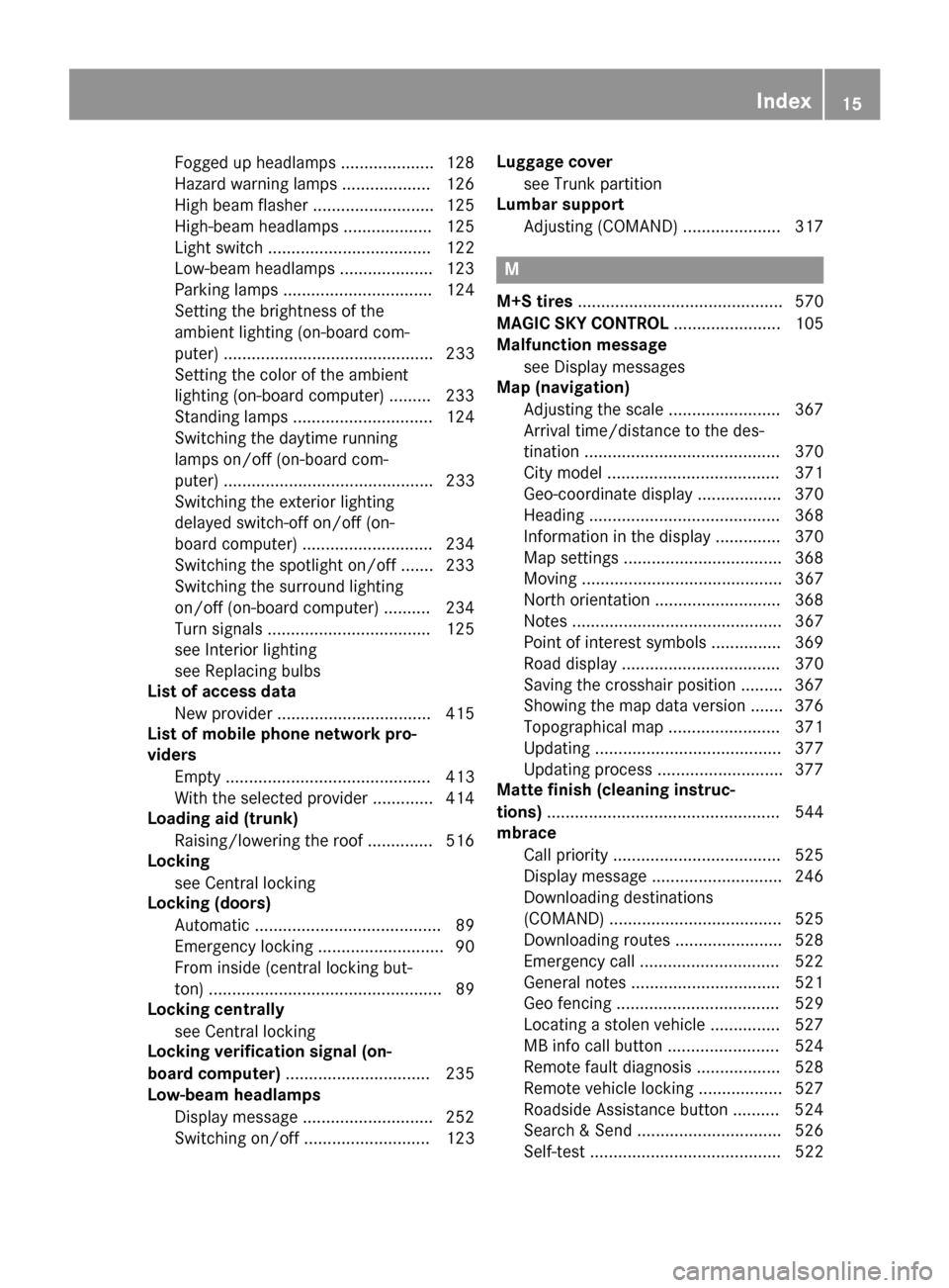 MERCEDES-BENZ SL-Class 2016 R231 User Guide Fogged up headlamps .................... 128
Hazard warning lamps ................... 126
High beam flasher .......................... 125
High-beam headlamps ................... 125
Light switch ....