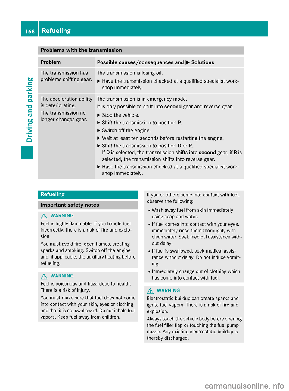 MERCEDES-BENZ SL-Class 2016 R231 Owners Guide Problems with the transmission
ProblemPossible causes/consequences andMSolutions
The transmission has
problems shifting gear.The transmission is losing oil.
XHave the transmission checked at a qualifi MERCEDES-BENZ SL-Class 2016 R231 Owners Guide Problems with the transmission
ProblemPossible causes/consequences andMSolutions
The transmission has
problems shifting gear.The transmission is losing oil.
XHave the transmission checked at a qualifi