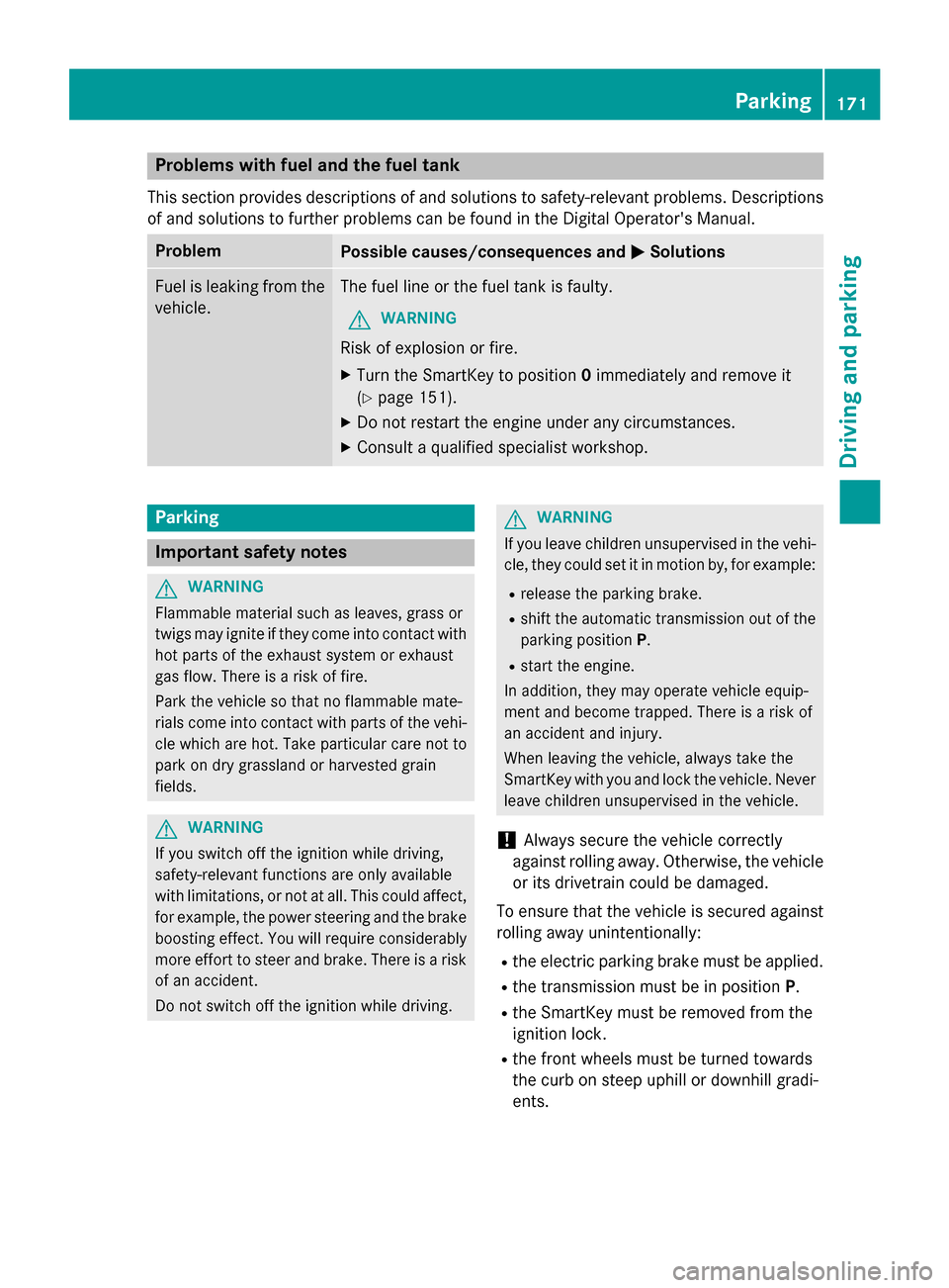 MERCEDES-BENZ SL-Class 2016 R231 Owners Manual Problems with fuel and the fuel tank
This section provides descriptions of and solutions to safety-relevant problems. Descriptions
of and solutions to further problems can be found in the Digital Oper MERCEDES-BENZ SL-Class 2016 R231 Owners Manual Problems with fuel and the fuel tank
This section provides descriptions of and solutions to safety-relevant problems. Descriptions
of and solutions to further problems can be found in the Digital Oper