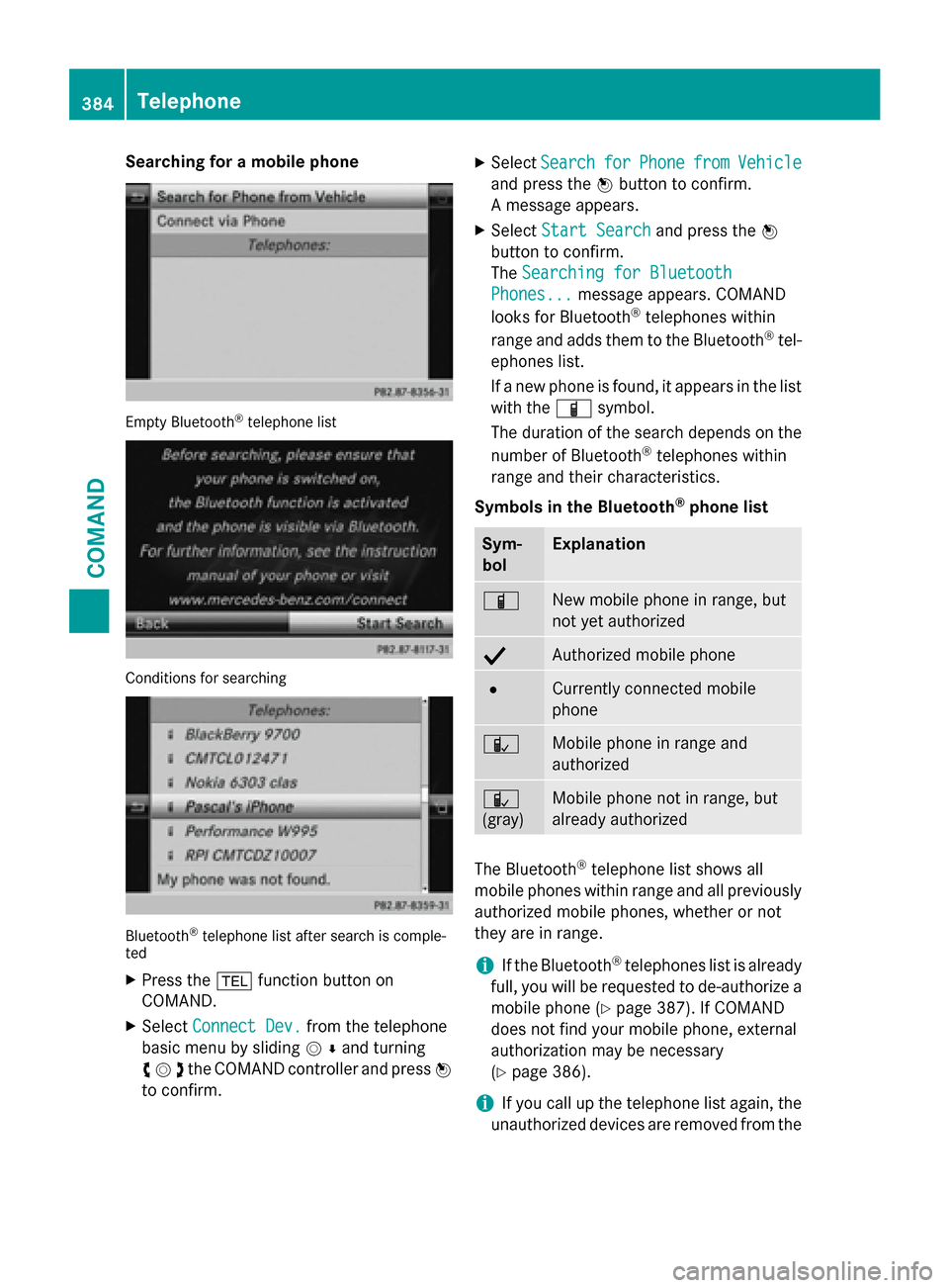 MERCEDES-BENZ SL-Class 2016 R231 Owners Manual Searching for a mobile phone
Empty Bluetooth®telephone list
Conditions for searching
Bluetooth®telephone list after search is comple-
ted
XPress the %function button on
COMAND.
XSelect Connect Dev.f MERCEDES-BENZ SL-Class 2016 R231 Owners Manual Searching for a mobile phone
Empty Bluetooth®telephone list
Conditions for searching
Bluetooth®telephone list after search is comple-
ted
XPress the %function button on
COMAND.
XSelect Connect Dev.f