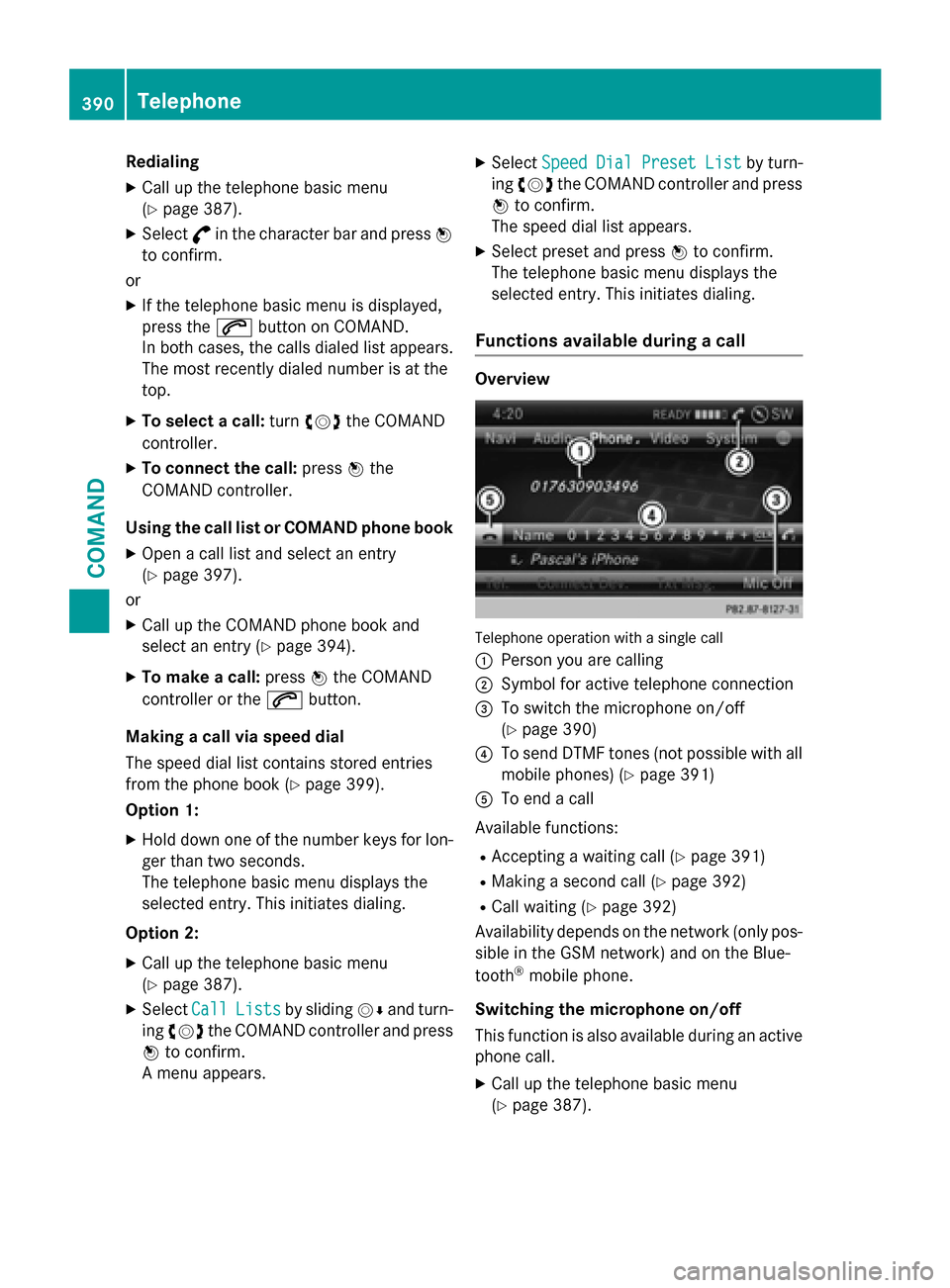 MERCEDES-BENZ SL-Class 2016 R231 Owners Manual Redialing
XCall up the telephone basic menu
(
Ypage 387).
XSelect°in the character bar and press W
to confirm.
or
XIf the telephone basic menu is displayed,
press the 6button on COMAND.
In both cases MERCEDES-BENZ SL-Class 2016 R231 Owners Manual Redialing
XCall up the telephone basic menu
(
Ypage 387).
XSelect°in the character bar and press W
to confirm.
or
XIf the telephone basic menu is displayed,
press the 6button on COMAND.
In both cases