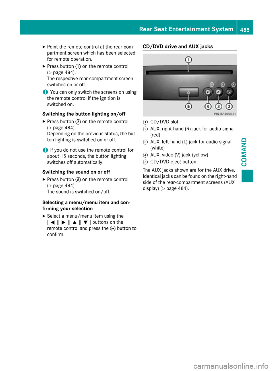 MERCEDES-BENZ SL-Class 2016 R231 Owners Manual XPoint the remote control at the rear-com-
partment screen which has been selected
for remote operation.
XPress button:on the remote control
(
Ypage 484).
The respective rear-compartment screen
switch MERCEDES-BENZ SL-Class 2016 R231 Owners Manual XPoint the remote control at the rear-com-
partment screen which has been selected
for remote operation.
XPress button:on the remote control
(
Ypage 484).
The respective rear-compartment screen
switch