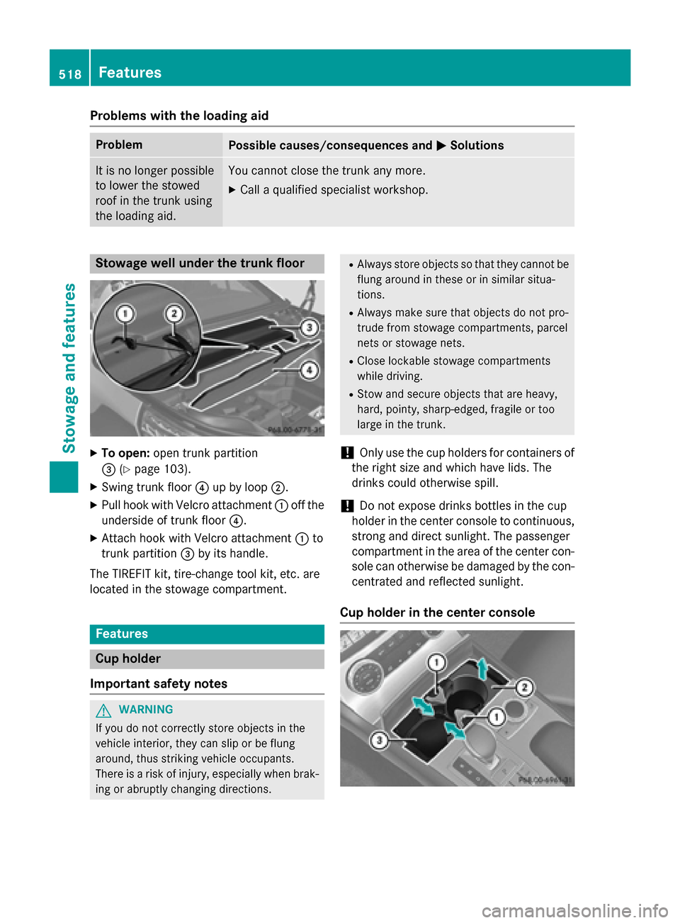 MERCEDES-BENZ SL-Class 2016 R231 Owners Manual Problems with the loading aid
ProblemPossible causes/consequences andMSolutions
It is no longer possible
to lower the stowed
roof in the trunk using
the loading aid.You cannot close the trunk any more MERCEDES-BENZ SL-Class 2016 R231 Owners Manual Problems with the loading aid
ProblemPossible causes/consequences andMSolutions
It is no longer possible
to lower the stowed
roof in the trunk using
the loading aid.You cannot close the trunk any more