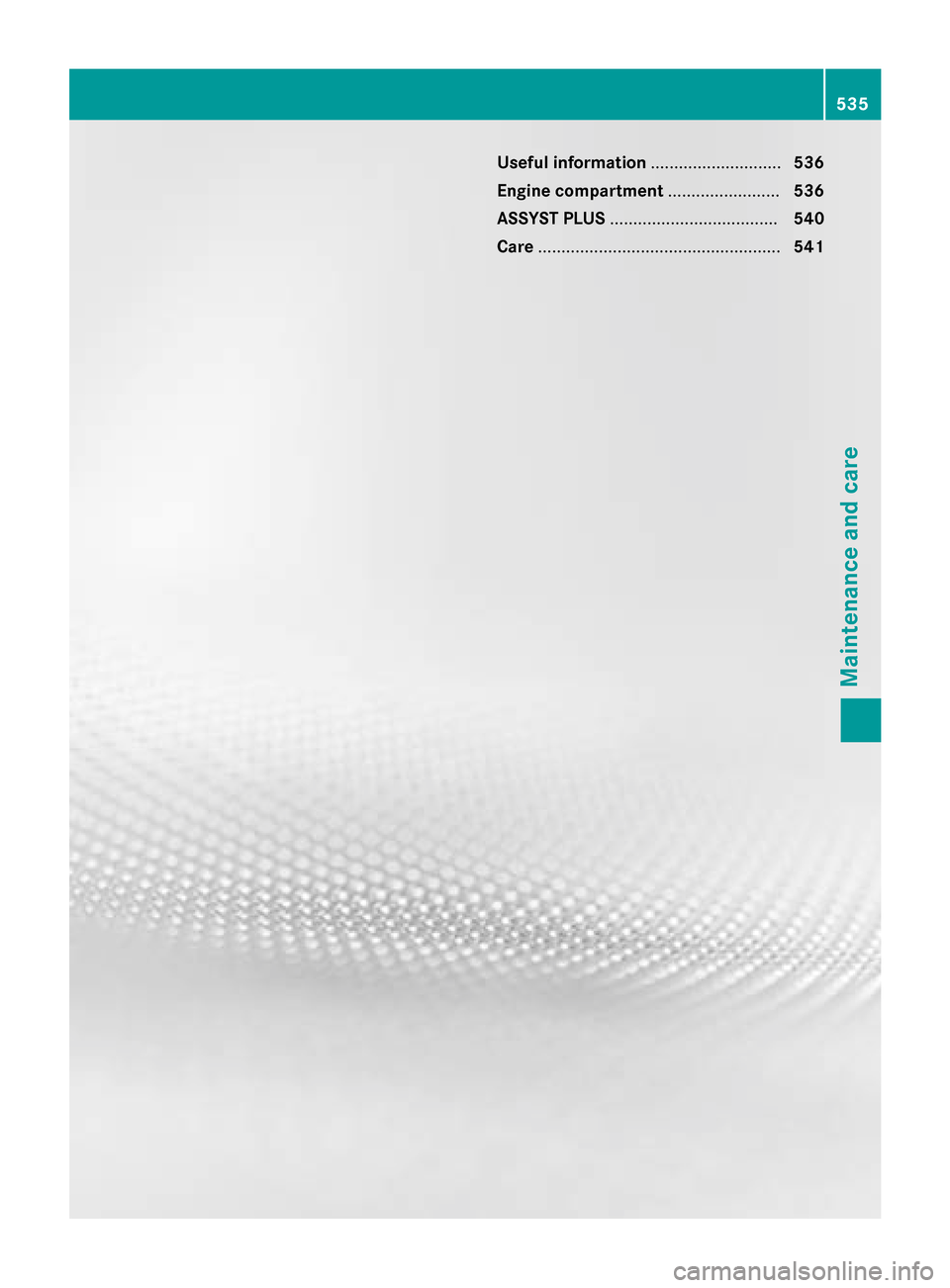 MERCEDES-BENZ SL-Class 2016 R231 Owners Manual Useful information............................536
Engine compartment ........................536
ASSYST PLUS .................................... 540
Care ............................................. MERCEDES-BENZ SL-Class 2016 R231 Owners Manual Useful information............................536
Engine compartment ........................536
ASSYST PLUS .................................... 540
Care .............................................