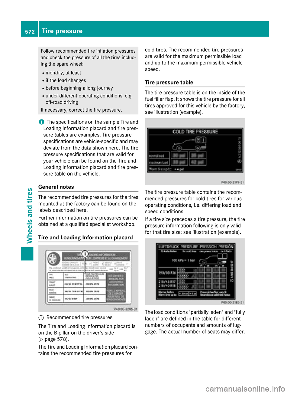 MERCEDES-BENZ SL-Class 2016 R231 Owners Manual Follow recommended tire inflation pressures
and check the pressure of all the tires includ-
ing the spare wheel:
Rmonthly, at least
Rif the load changes
Rbefore beginning a long journey
Runder differe