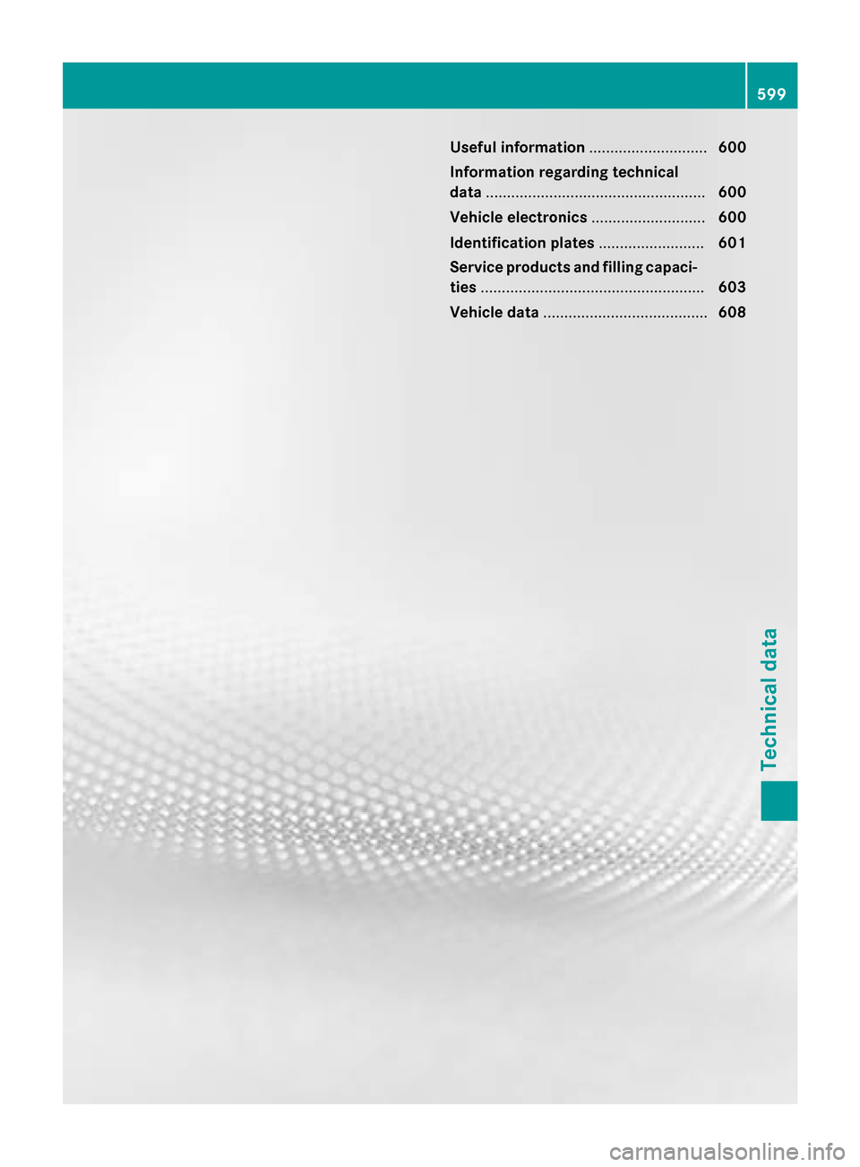 MERCEDES-BENZ SL-Class 2016 R231 Owners Manual Useful information............................600
Information regarding technical
data .................................................... 600
Vehicle electronics ...........................600
Ident MERCEDES-BENZ SL-Class 2016 R231 Owners Manual Useful information............................600
Information regarding technical
data .................................................... 600
Vehicle electronics ...........................600
Ident
