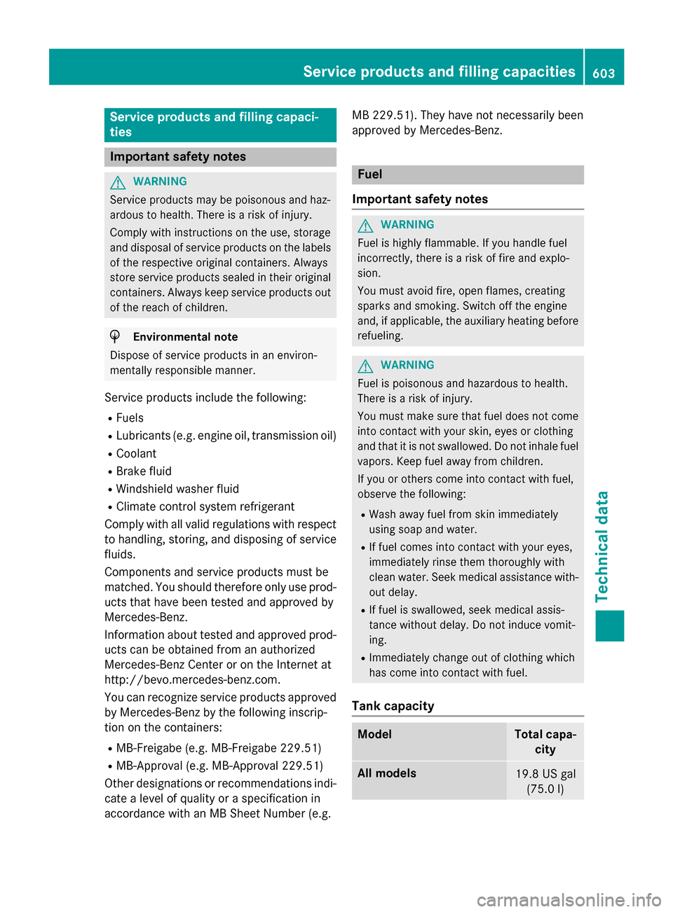 MERCEDES-BENZ SL-Class 2016 R231 Owners Manual Service products and filling capaci-
ties
Important safety notes
GWARNING
Service products may be poisonous and haz-
ardous to health. There is a risk of injury.
Comply with instructions on the use, s