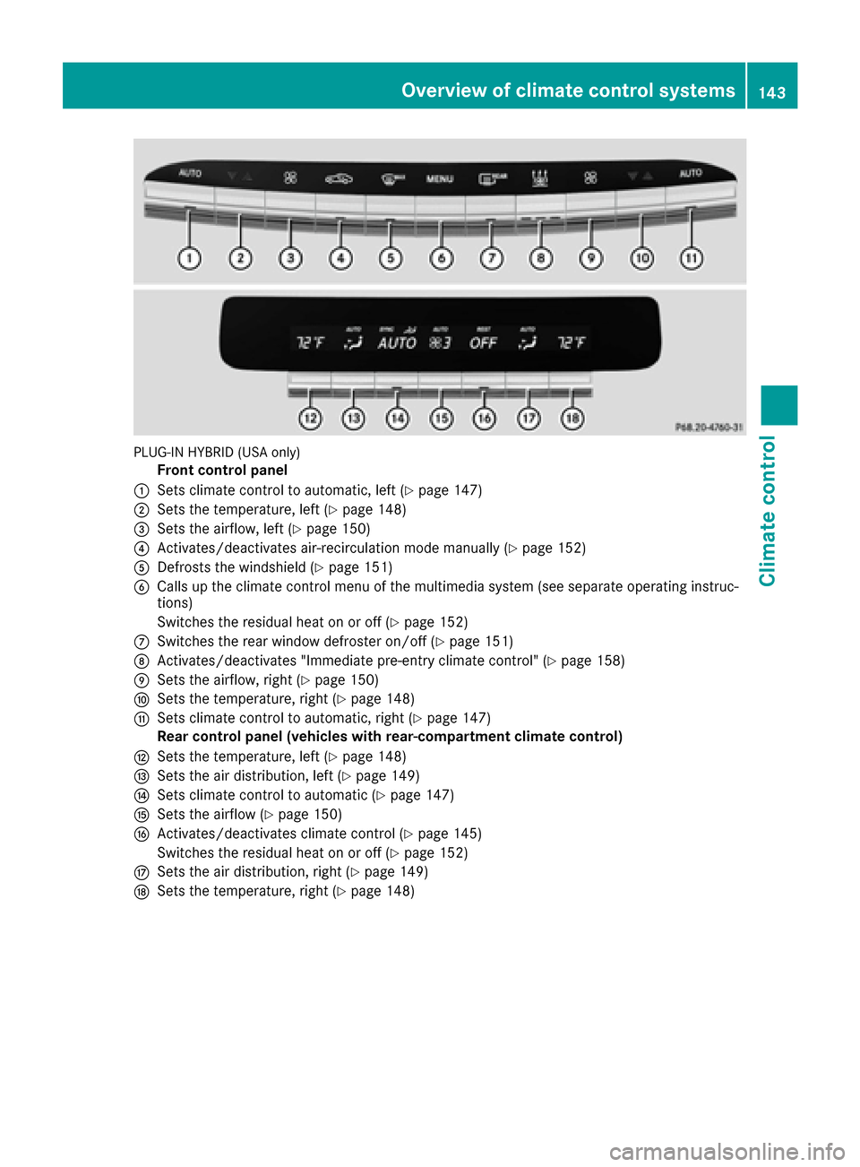 MERCEDES-BENZ S-Class SEDAN 2016 W222 User Guide PLUG-IN HYBRID (USA only)
Front control panel
:Sets climate control to automatic, left (Ypage 147)
;Sets the temperature, left (Ypage 148)
=Sets the airflow, left (Ypage 150)
?Activates/deactivates ai