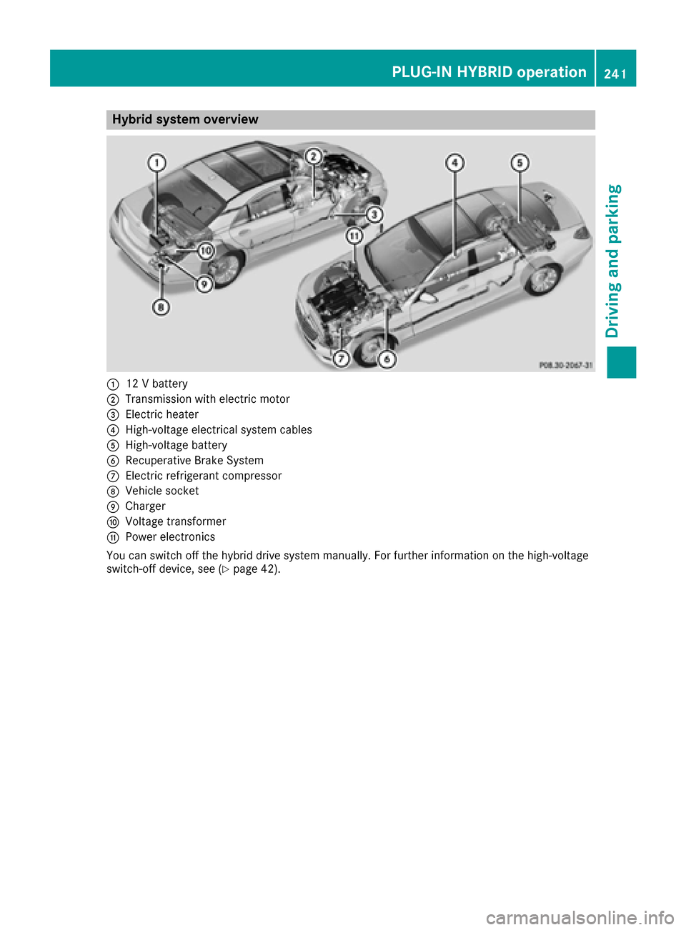 MERCEDES-BENZ S-Class SEDAN 2016 W222 Owners Manual Hybrid system overview
:12 V battery
;Transmission with electric motor
=Electric heater
?High-voltage electrical system cables
AHigh-voltage battery
BRecuperative Brake System
CElectric refrigerant co