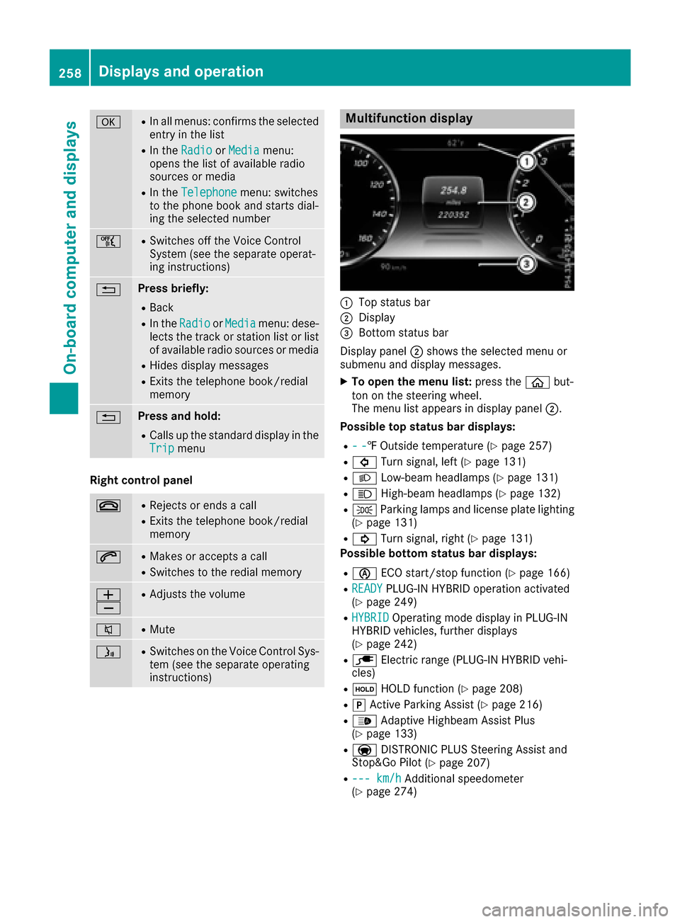 MERCEDES-BENZ S-Class SEDAN 2016 W222 User Guide aRIn all menus: confirms the selected
entry in the list
RIn theRadioorMediamenu:
opens the list of available radio
sources or media
RIn the Telephonemenu: switches
to the phone book and starts dial-
i