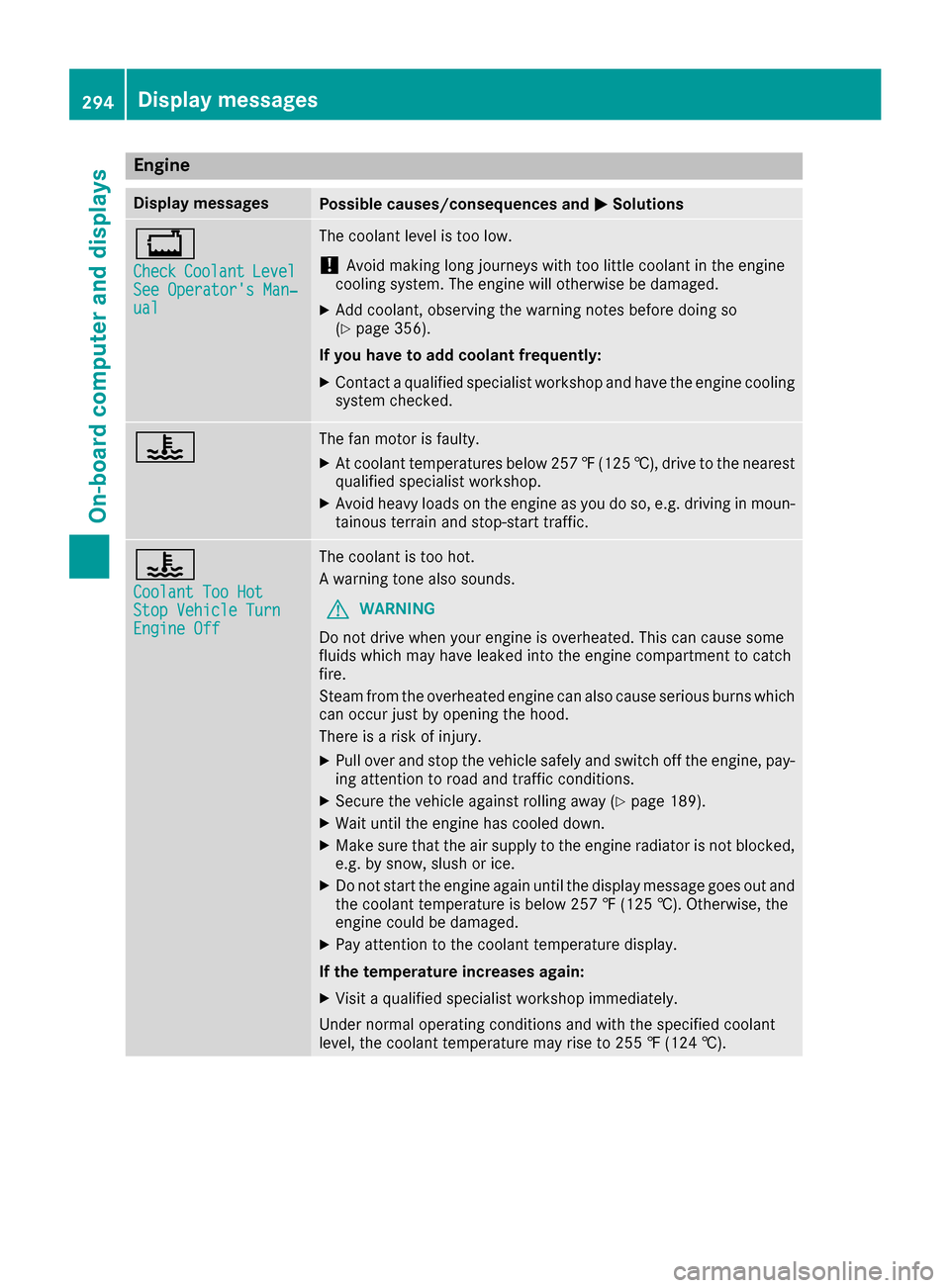 MERCEDES-BENZ S-Class SEDAN 2016 W222 Owners Guide Engine
Display messagesPossible causes/consequences andMSolutions
+
CheckCoolantLevelSee Operators Man‐ual
The coolant level is too low.
!Avoid making long journeys with too little coolant in the e