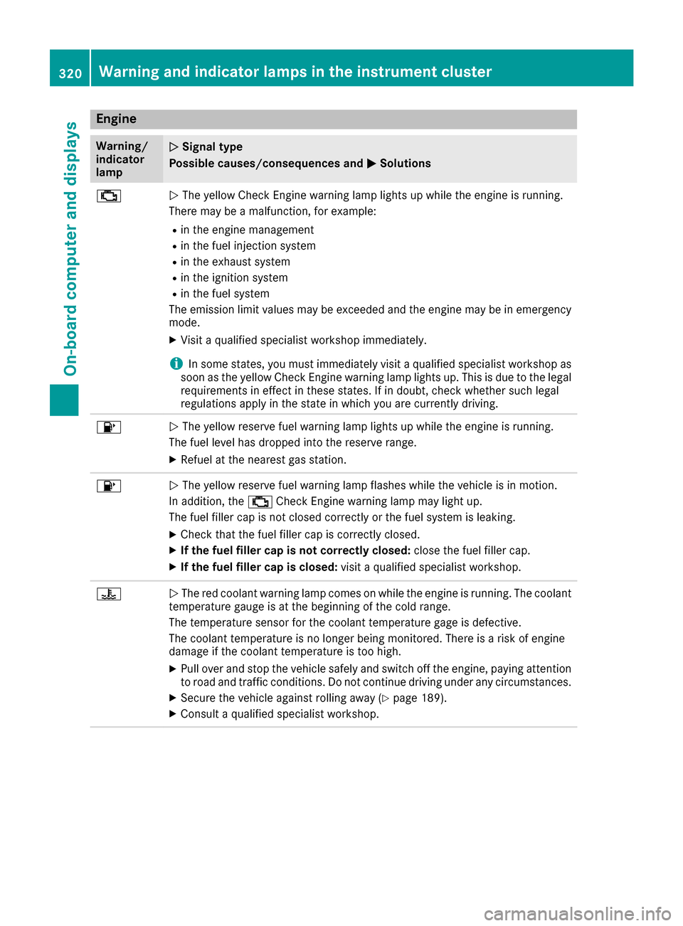 MERCEDES-BENZ S-Class SEDAN 2016 W222 User Guide Engine
Warning/
indicator
lampNSignal type
Possible causes/consequences and M
Solutions
;NThe yellow Check Engine warning lamp lights up while the engine is running.
There may be a malfunction, for ex